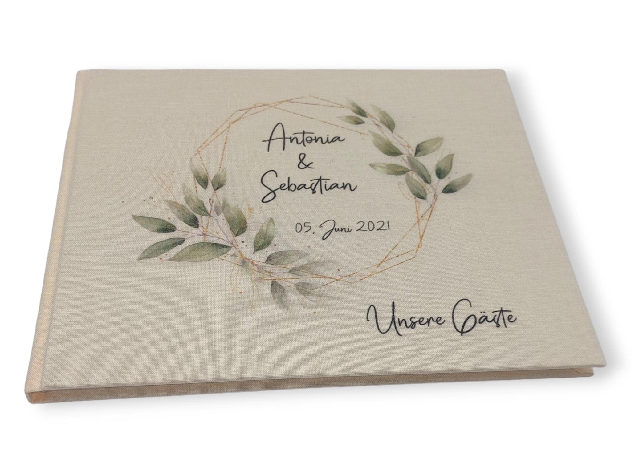 Gästebuch Hochzeit personalisiert "Blätterkranz Rahmen", Hochzeitsgeschenk, Gästebuch bedruckt, Gästebuch floral, Trauzeugen