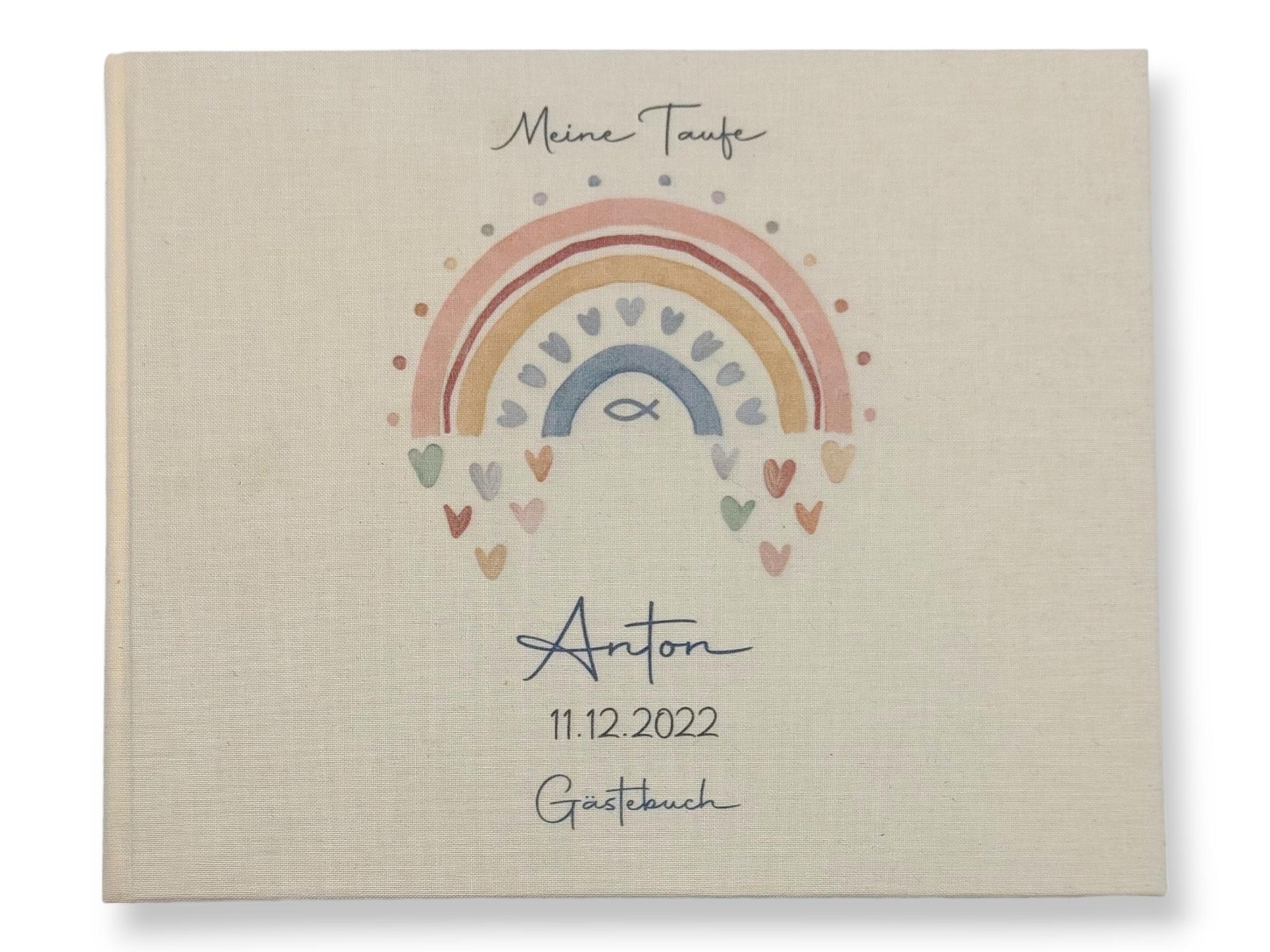 Gästebuch Taufe personalisiert "Regenbogen Herzen Fisch blau", Taufgeschenk, Erinnerung Taufe
