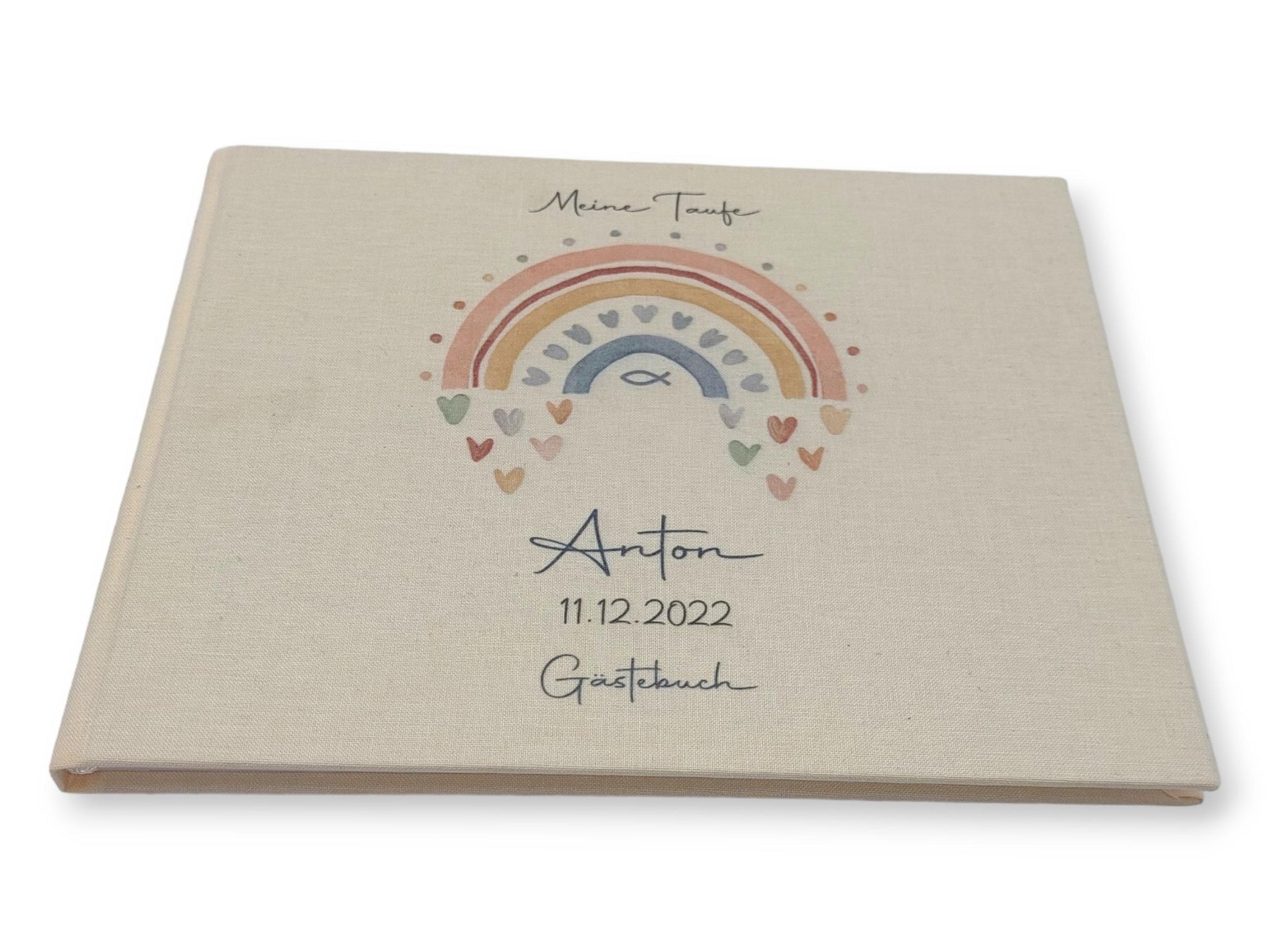 Gästebuch Taufe personalisiert "Regenbogen Herzen Fisch blau", Taufgeschenk, Erinnerung Taufe
