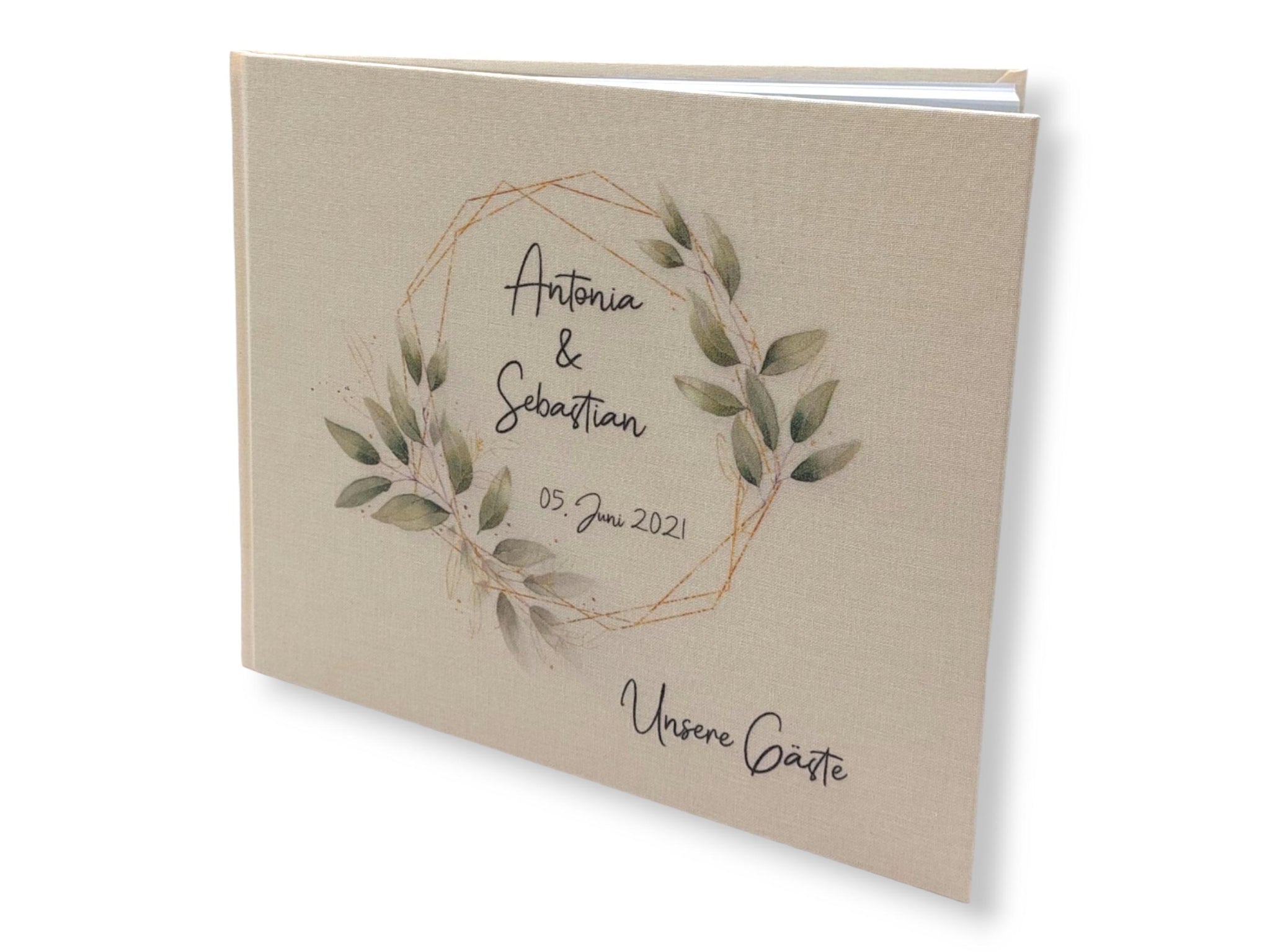 Gästebuch Hochzeit personalisiert "Blätterkranz Rahmen", Hochzeitsgeschenk, Gästebuch bedruckt, Gästebuch floral, Trauzeugen
