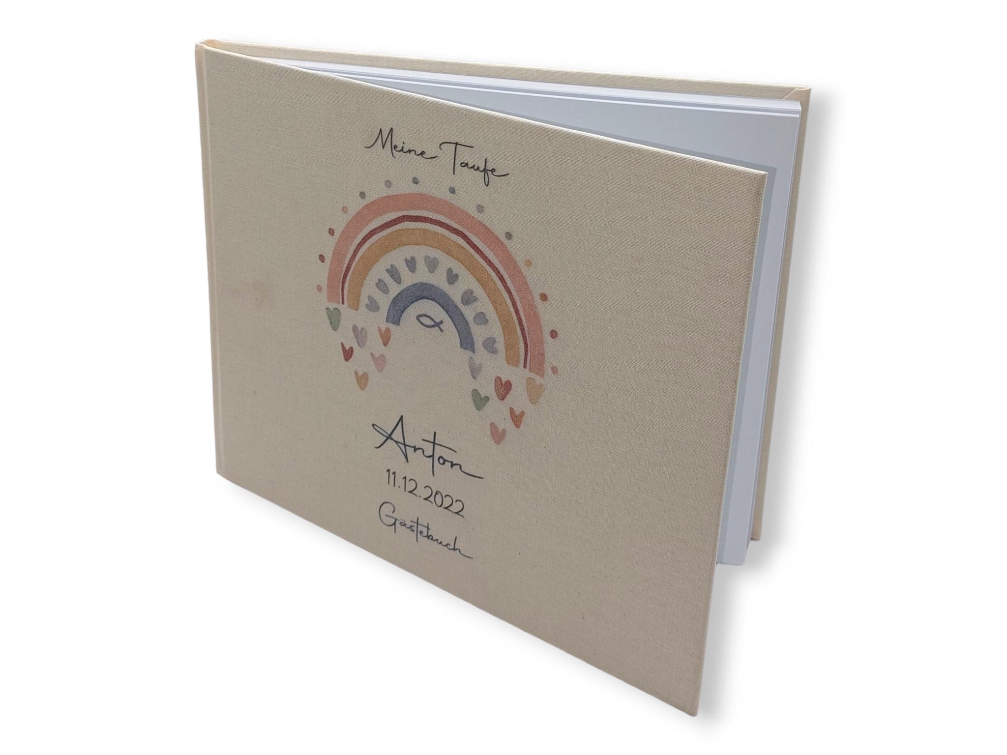 Gästebuch Taufe personalisiert "Regenbogen Herzen Fisch blau", Taufgeschenk, Erinnerung Taufe