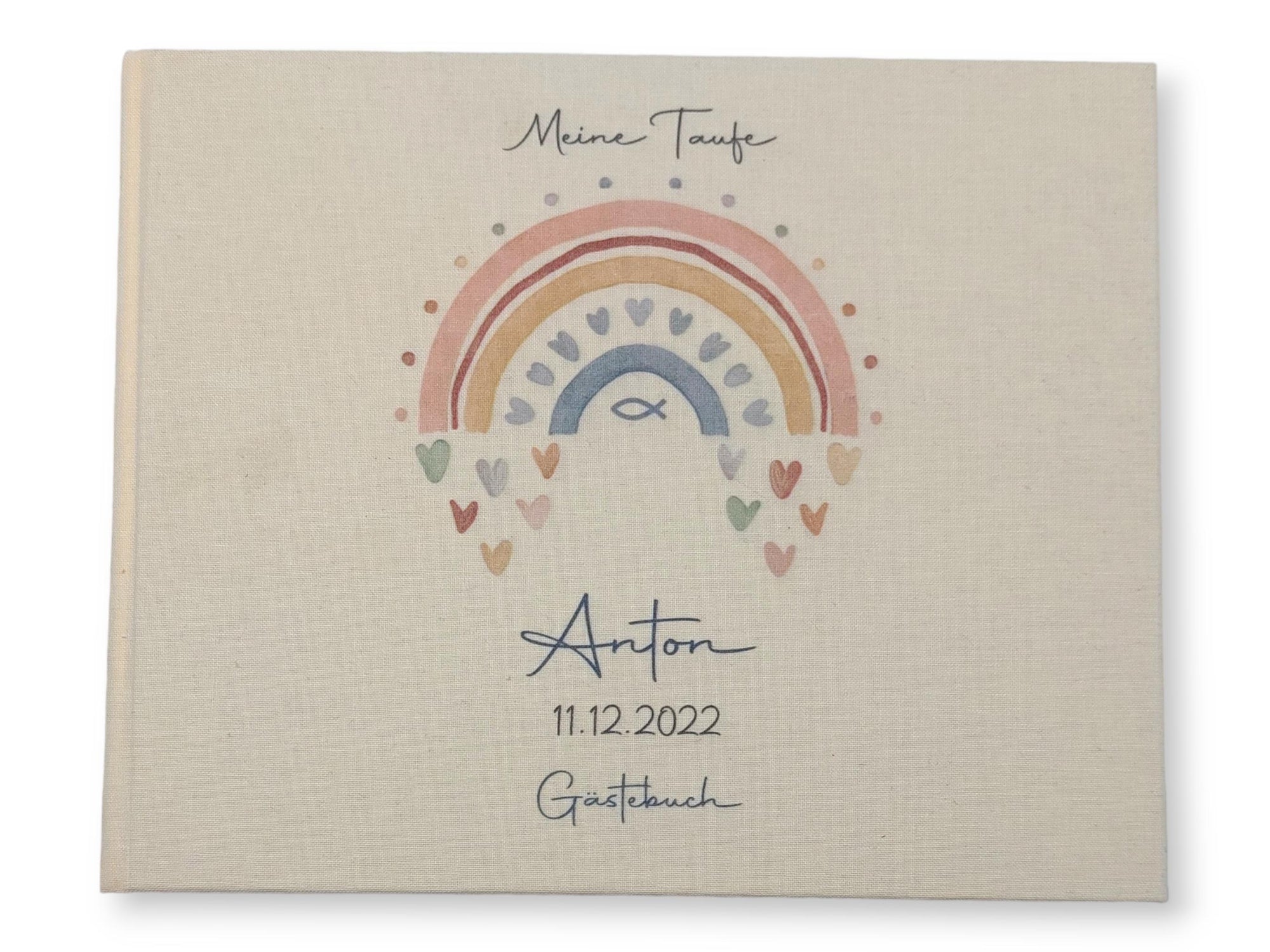 Gästebuch Taufe personalisiert "Regenbogen Herzen Fisch blau", Taufgeschenk, Erinnerung Taufe