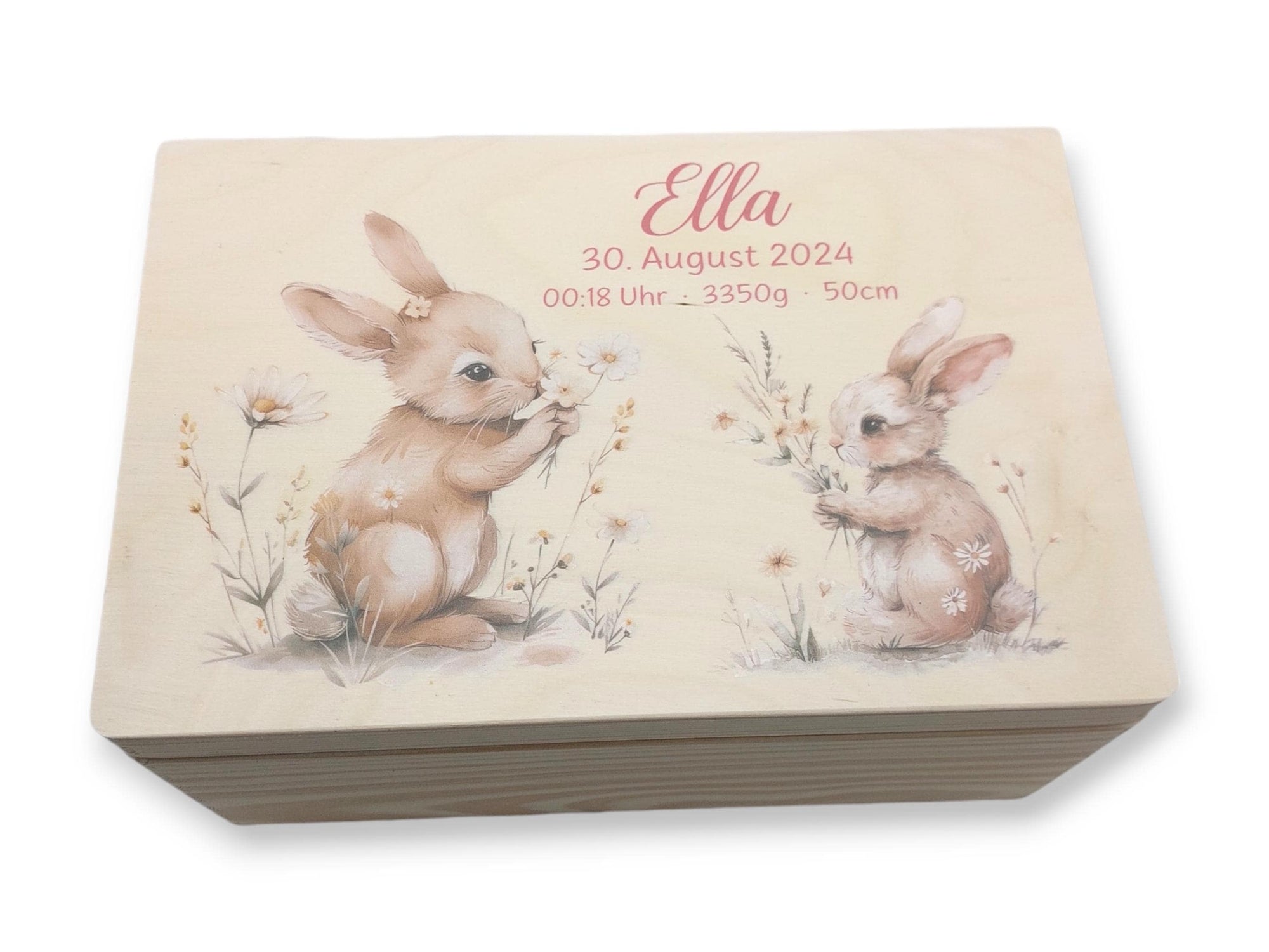 Erinnerungskiste Baby mit Namen "Hase Blumen" Geburtsdatum, Erinnerungskiste Kinder, Erinnerungsbox bedruckt, Taufgeschenk, Patengeschenke