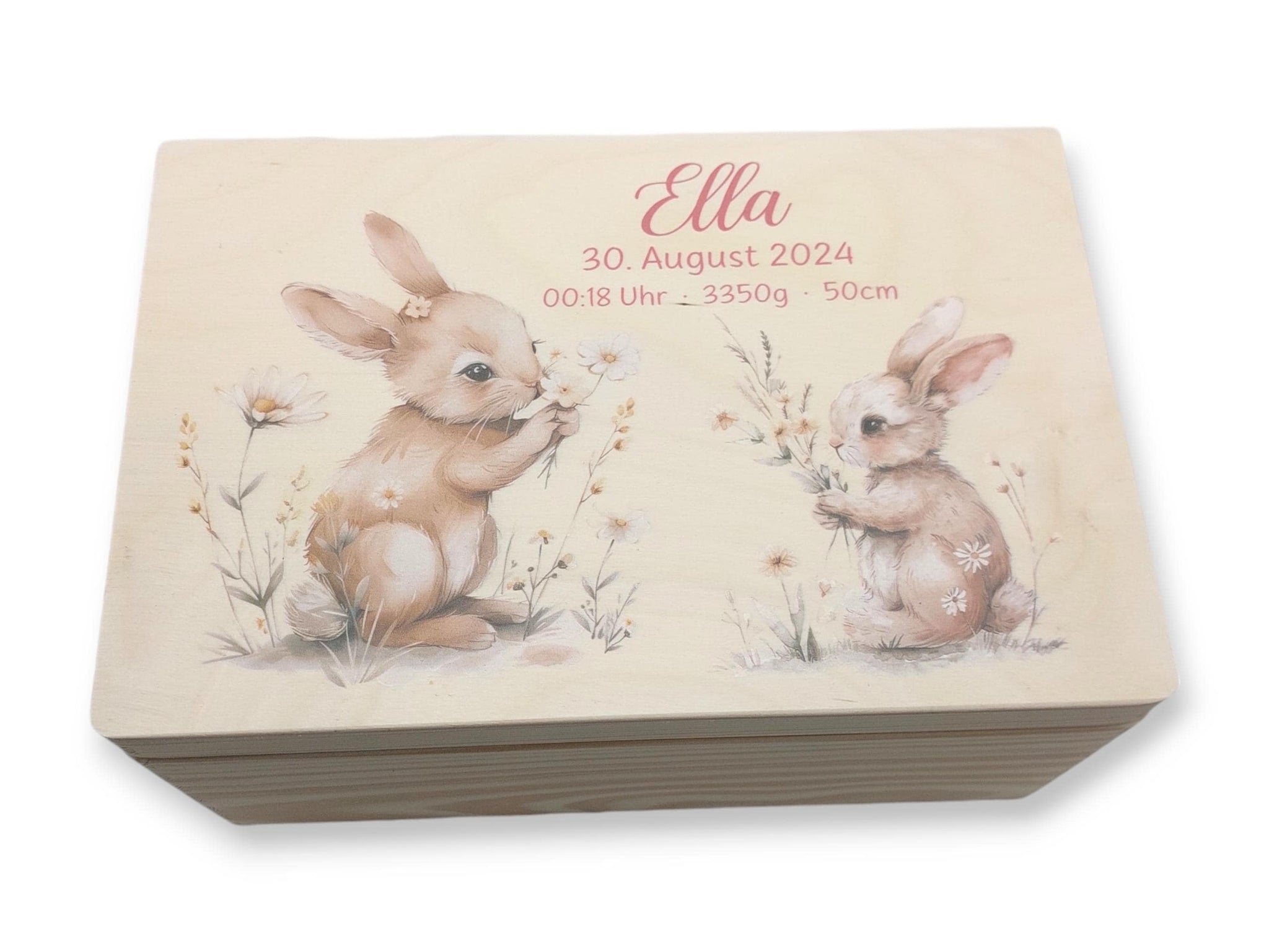 Erinnerungskiste Baby mit Namen "Hase Blumen" Geburtsdatum, Erinnerungskiste Kinder, Erinnerungsbox bedruckt, Taufgeschenk, Patengeschenke