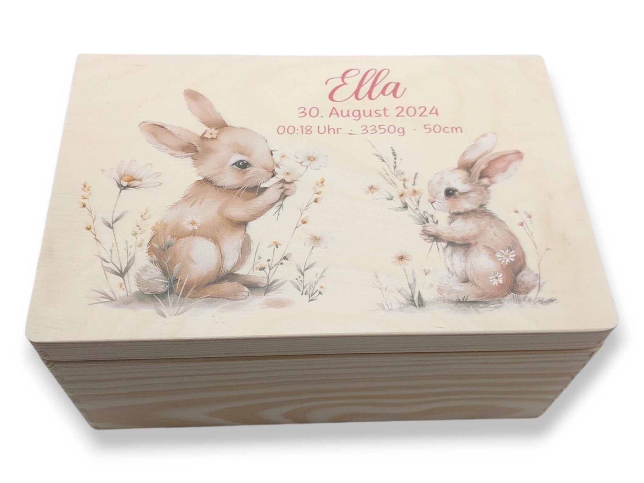 Erinnerungskiste Baby mit Namen "Hase Blumen" Geburtsdatum, Erinnerungskiste Kinder, Erinnerungsbox bedruckt, Taufgeschenk, Patengeschenke