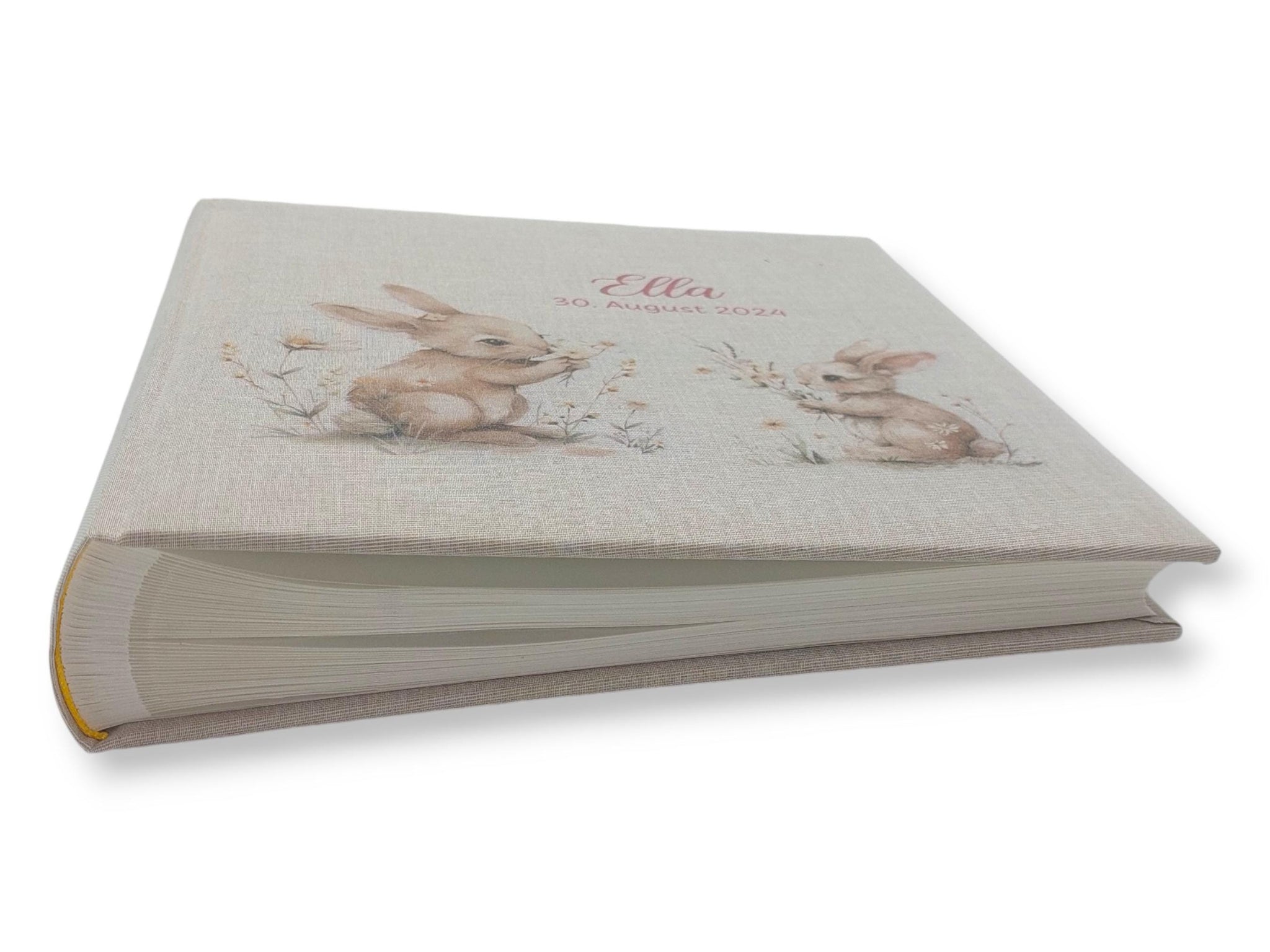 Fotoalbum personalisiert Baby, Kind "Hasen Blumen" Leinen, Erinnerungsalbum