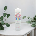 Taufkerze personalisiert mit Namen Datum und Taufspruch "Regenbogen Blumen rosa", Patenkerze, Taufkerze Regenbogen, Taufgeschenk