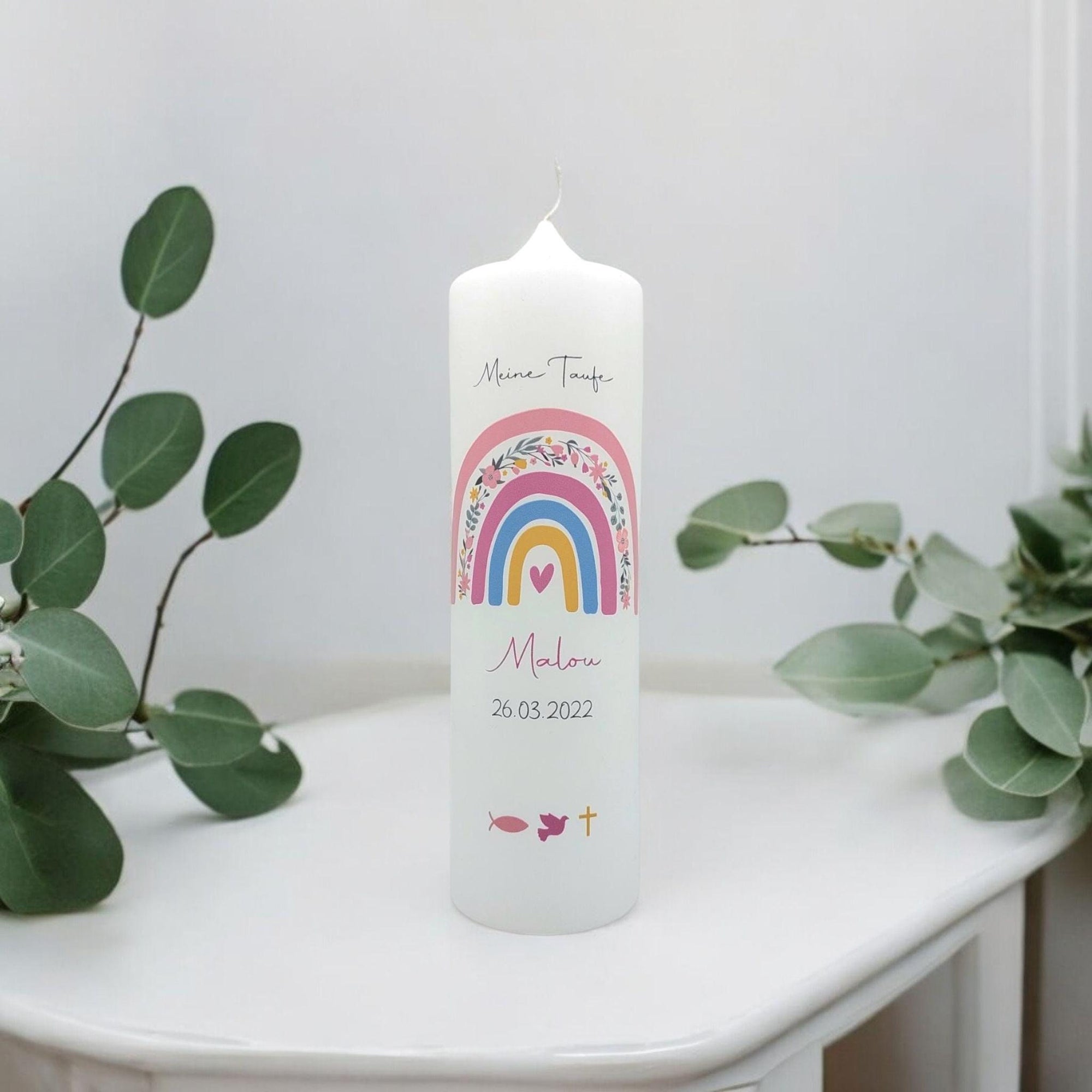 Taufkerze personalisiert mit Namen Datum und Taufspruch "Regenbogen Blumen rosa", Patenkerze, Taufkerze Regenbogen, Taufgeschenk