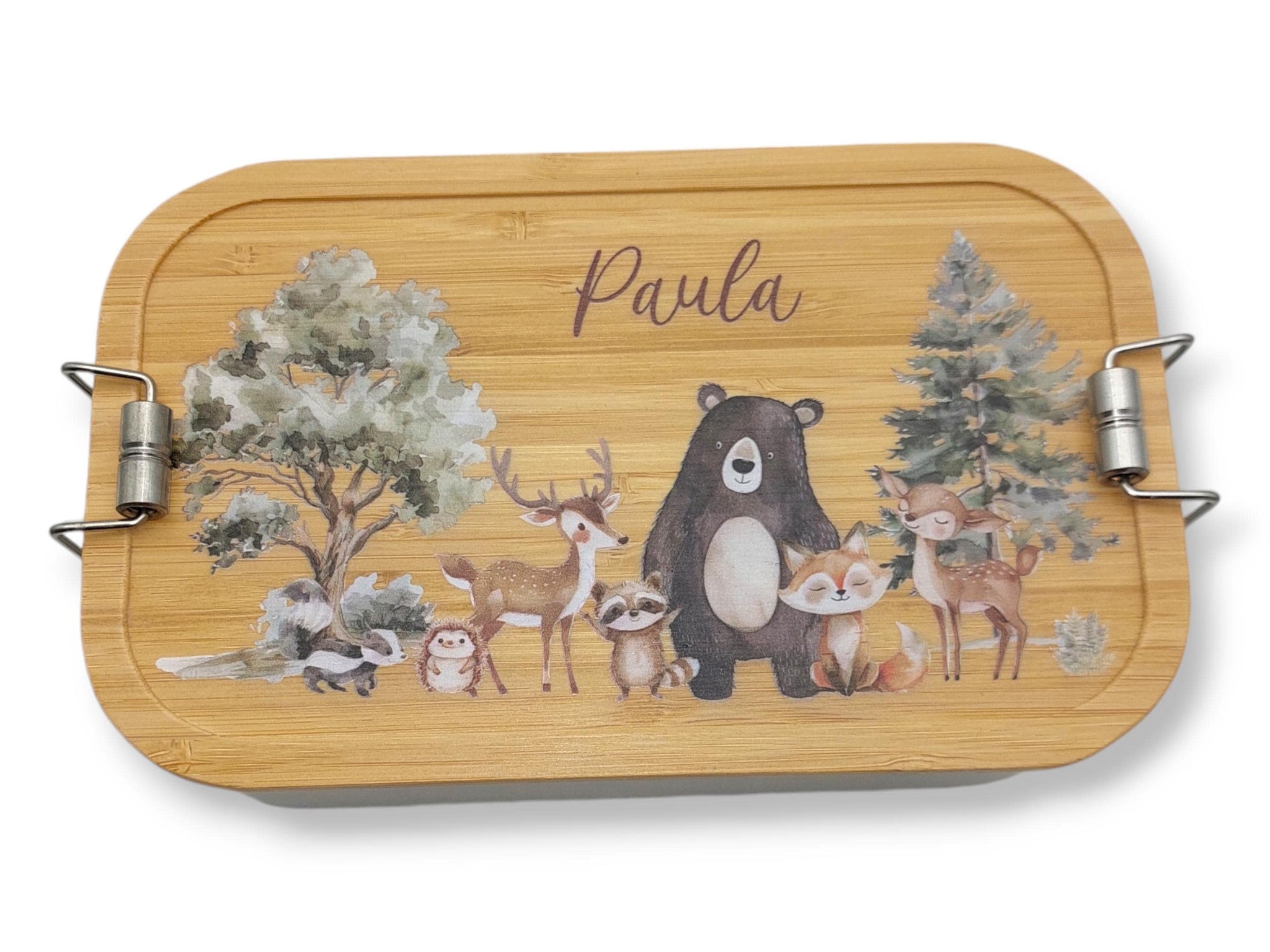 Brotdose personalisiert aus Edelstahl mit Bambus Deckel "SüßeWaldtiere", Trennsteg, Lunchbox