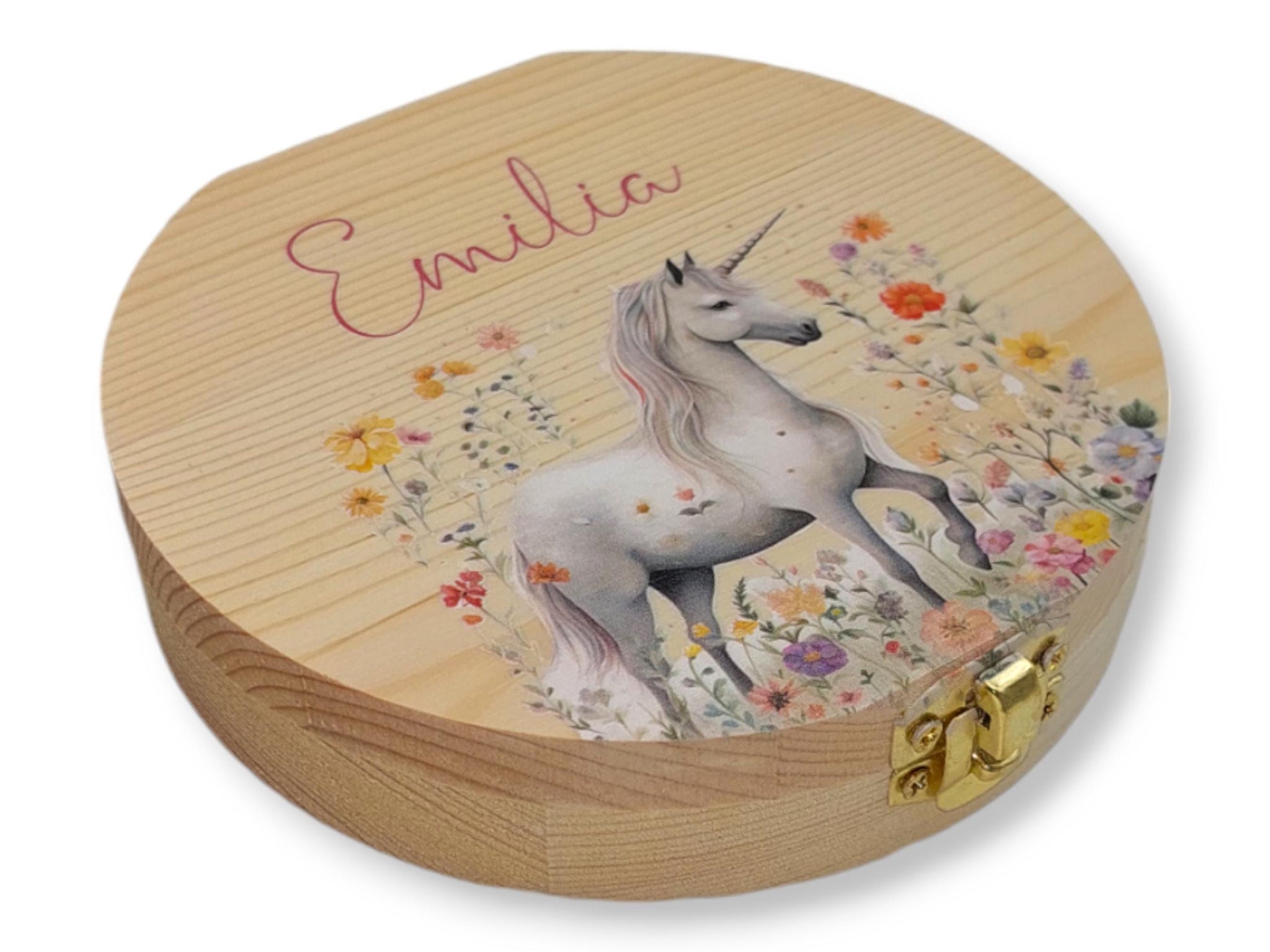Milchzahndose personalisiert "Einhorn Blumen" / Milchzahnbox aus Holz