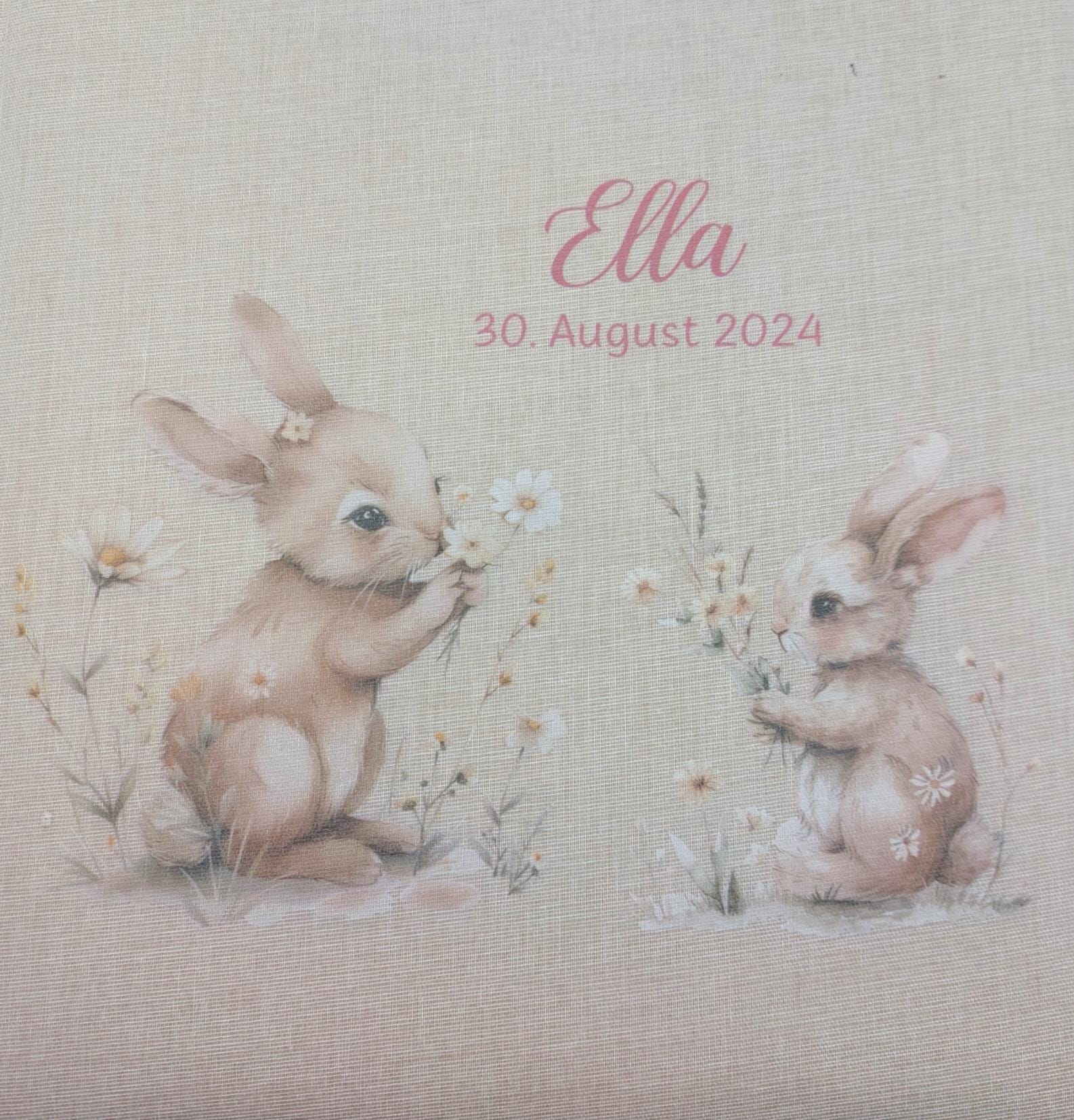 Fotoalbum personalisiert Baby, Kind "Hasen Blumen" Leinen, Erinnerungsalbum