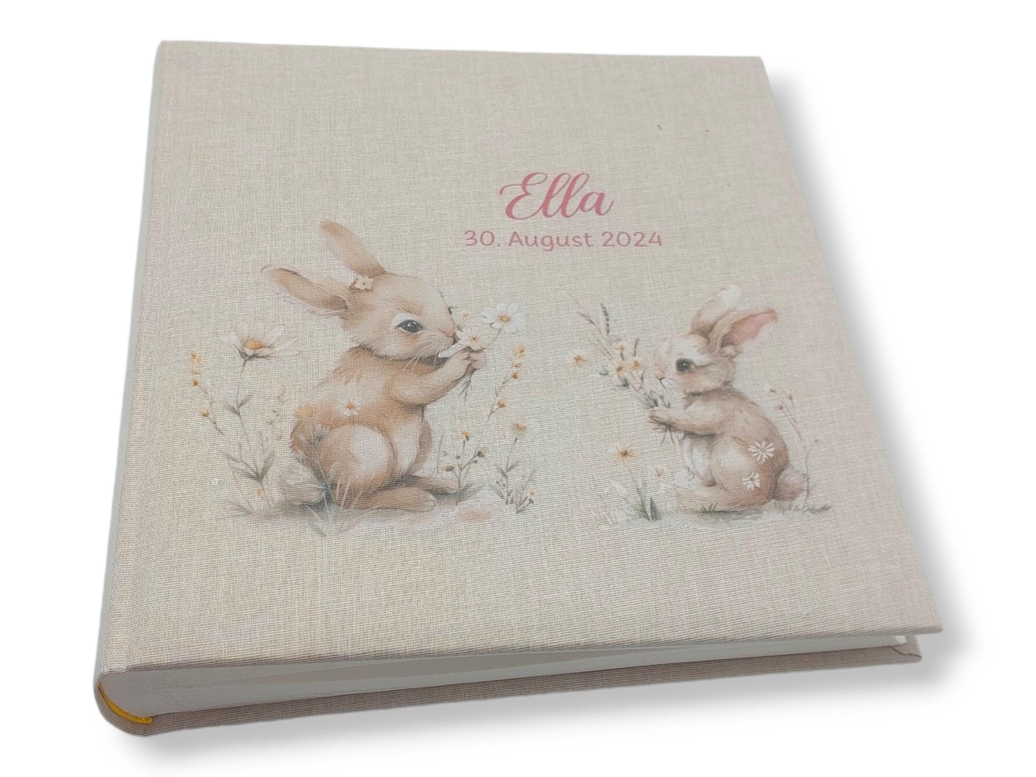 Fotoalbum personalisiert Baby, Kind "Hasen Blumen" Leinen, Erinnerungsalbum