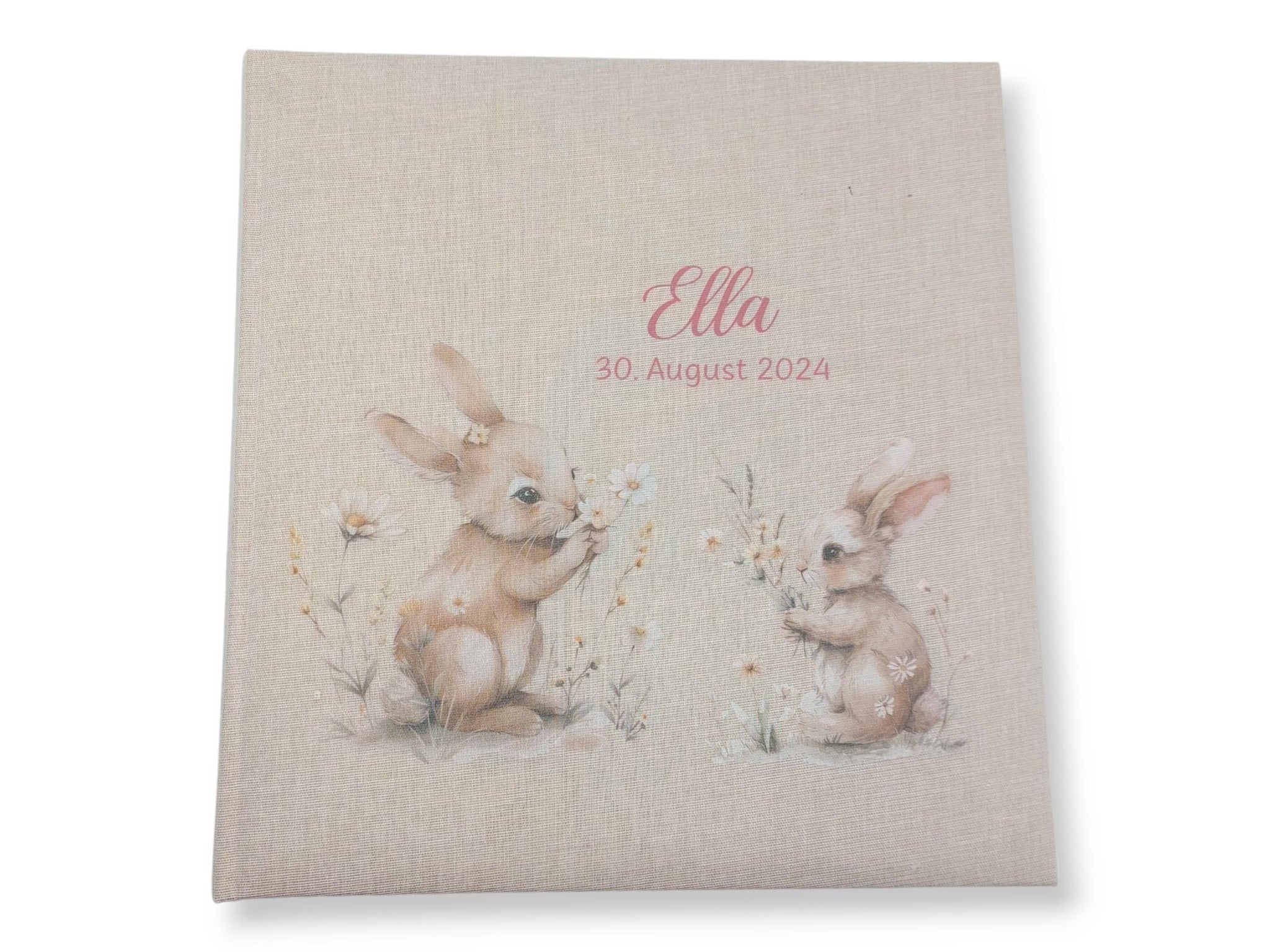 Fotoalbum personalisiert Baby, Kind "Hasen Blumen" Leinen, Erinnerungsalbum