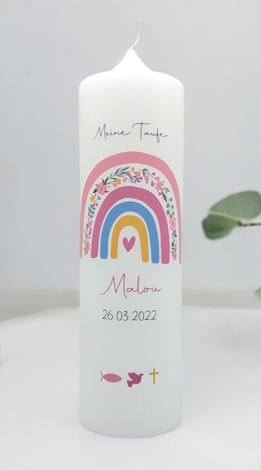 Taufkerze personalisiert mit Namen Datum und Taufspruch "Regenbogen Blumen rosa", Patenkerze, Taufkerze Regenbogen, Taufgeschenk