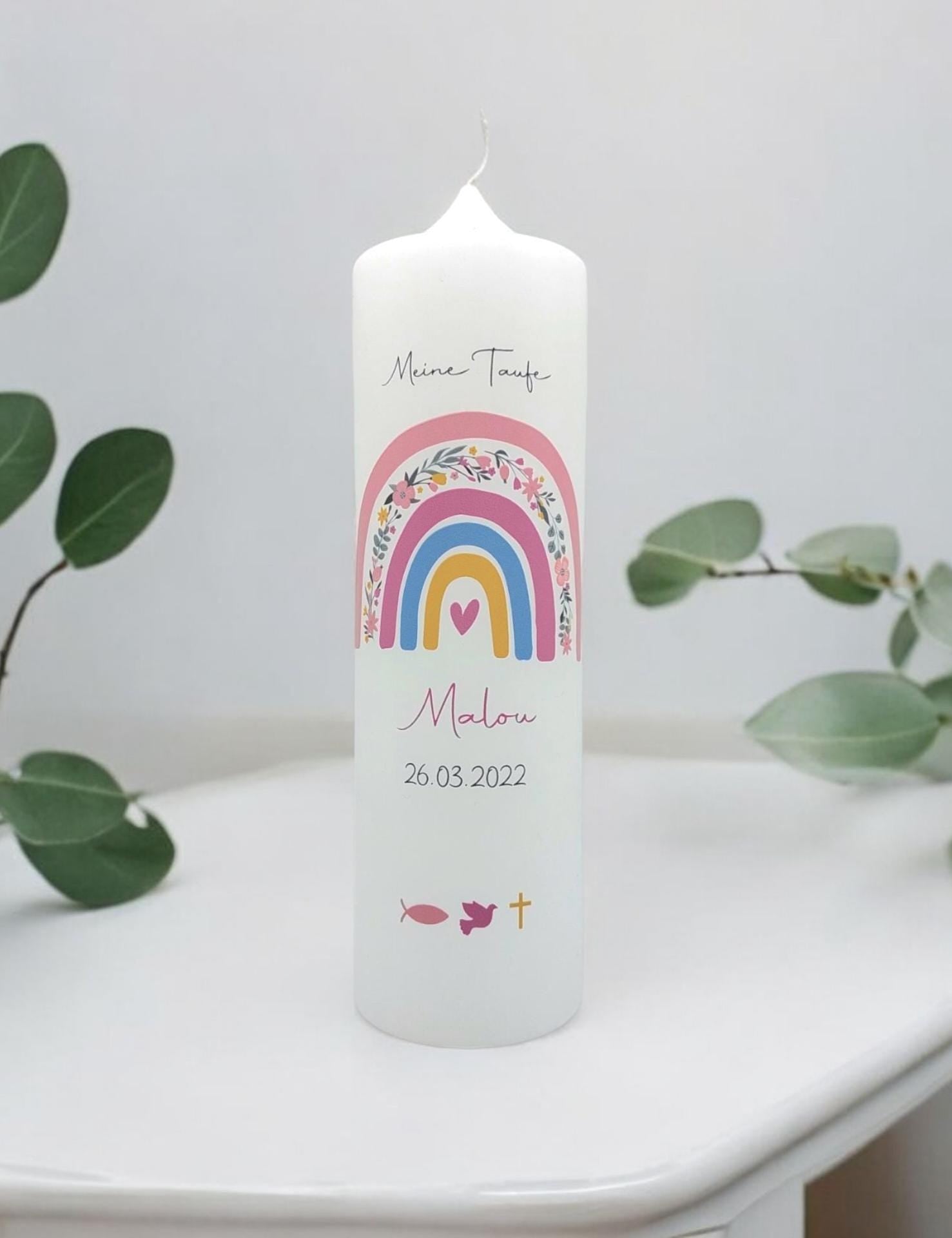Taufkerze personalisiert mit Namen Datum und Taufspruch "Regenbogen Blumen rosa", Patenkerze, Taufkerze Regenbogen, Taufgeschenk