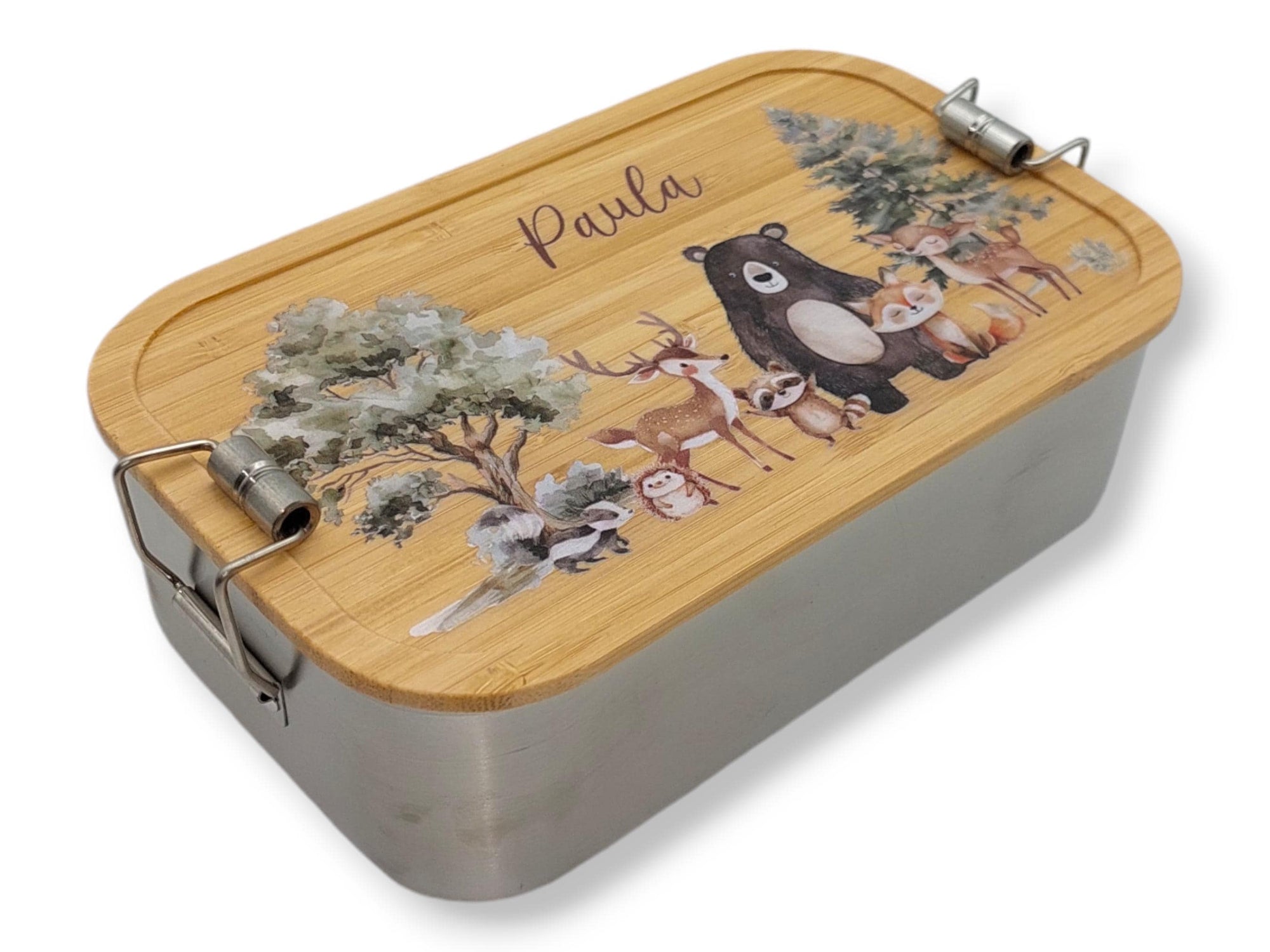 Brotdose personalisiert aus Edelstahl mit Bambus Deckel "SüßeWaldtiere", Trennsteg, Lunchbox