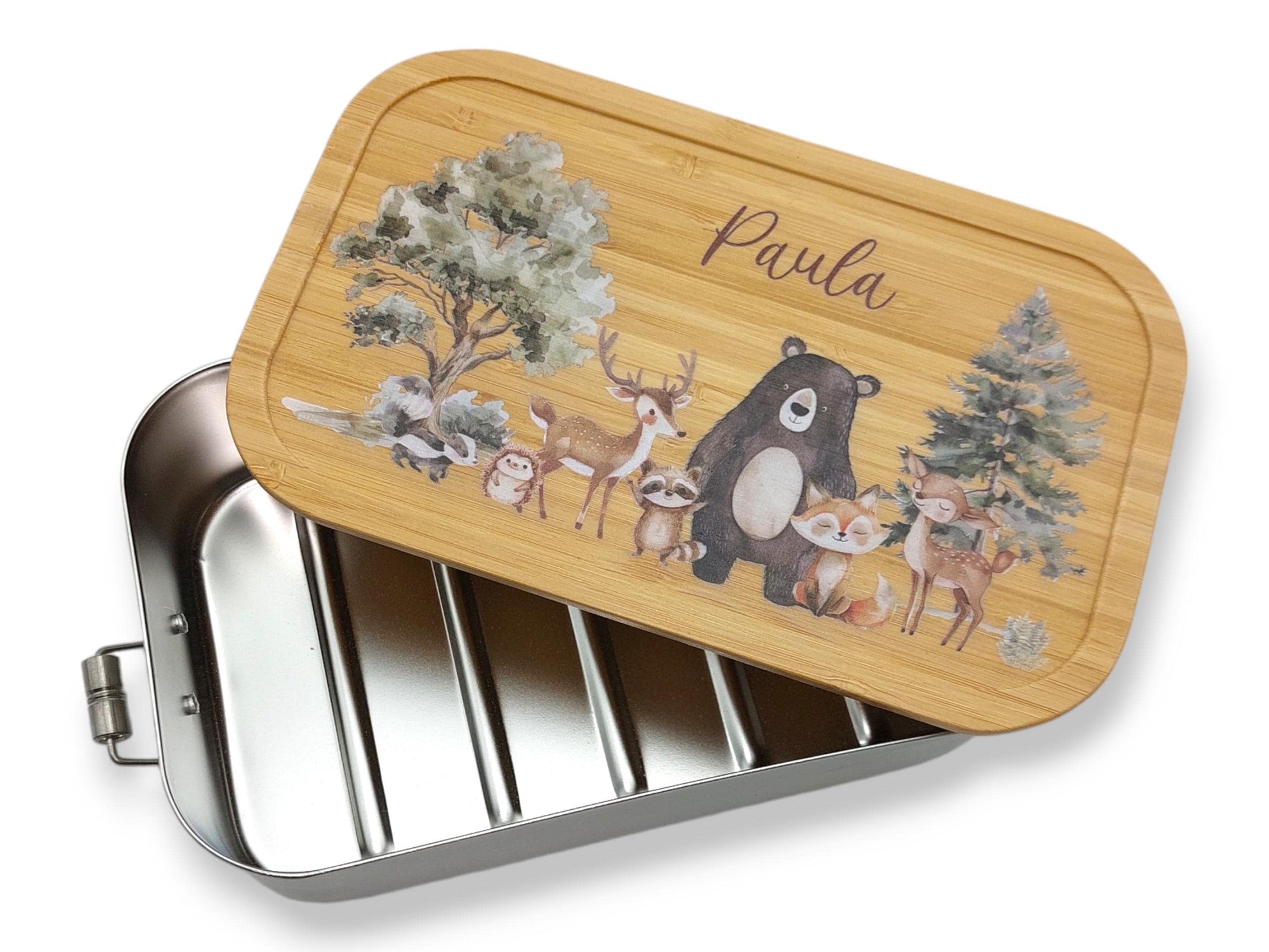 Brotdose personalisiert aus Edelstahl mit Bambus Deckel "SüßeWaldtiere", Trennsteg, Lunchbox
