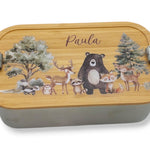 Brotdose personalisiert aus Edelstahl mit Bambus Deckel "SüßeWaldtiere", Trennsteg, Lunchbox