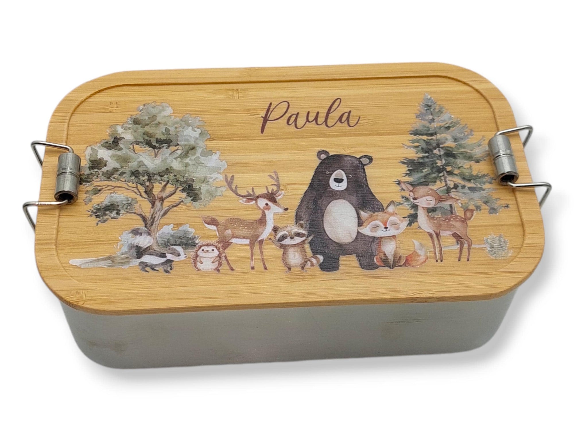 Brotdose personalisiert aus Edelstahl mit Bambus Deckel "SüßeWaldtiere", Trennsteg, Lunchbox
