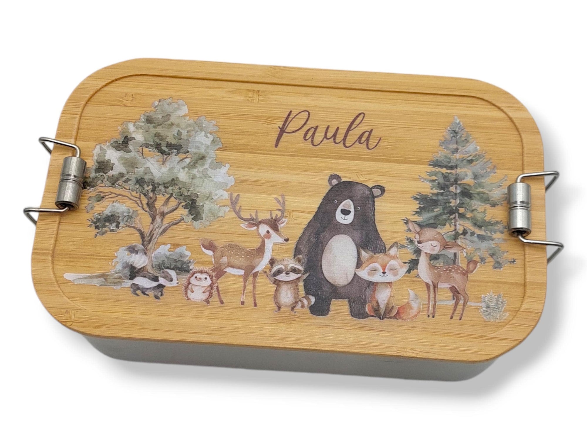 Brotdose personalisiert aus Edelstahl mit Bambus Deckel "SüßeWaldtiere", Trennsteg, Lunchbox