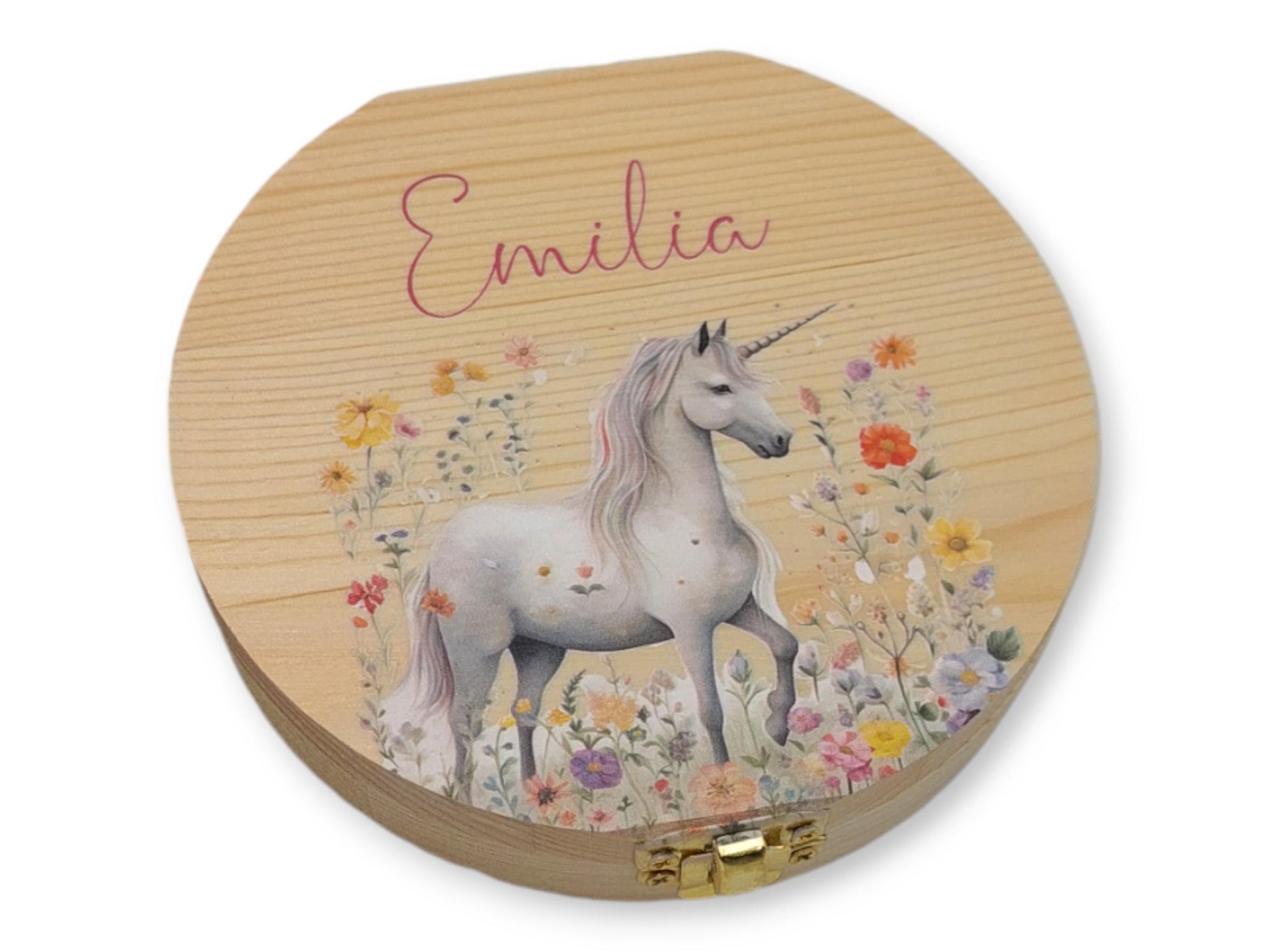 Milchzahndose personalisiert "Einhorn Blumen" / Milchzahnbox aus Holz