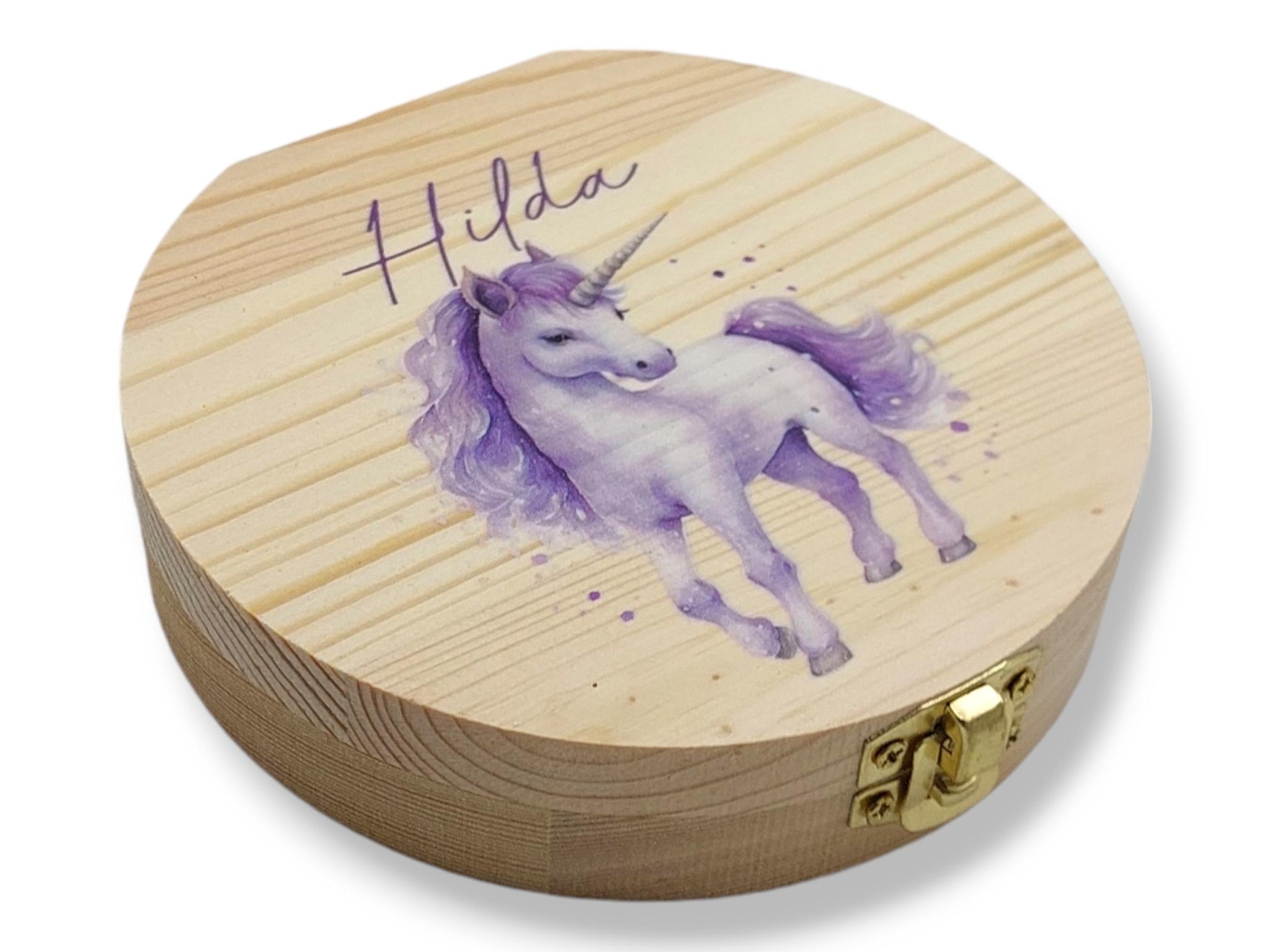 Milchzahndose personalisiert "Einhorn lila" / Milchzahnbox aus Holz