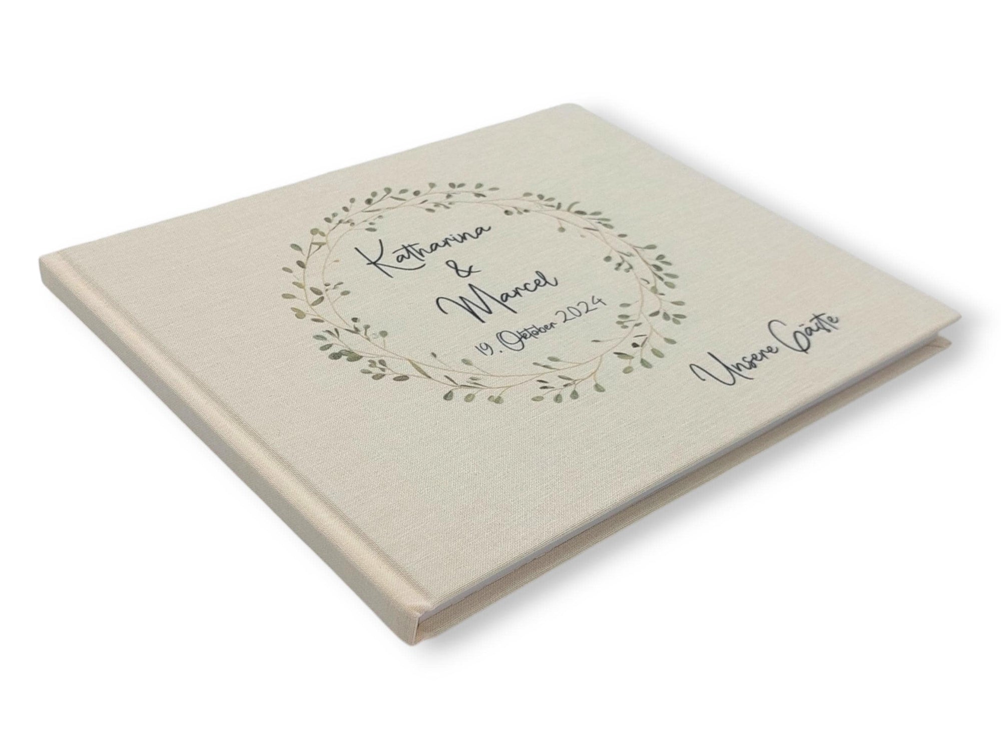 Gästebuch Hochzeit personalisiert "Blätterkranz", Hochzeitsgeschenk, Gästebuch bedruckt, Gästebuch floral, Trauzeugen