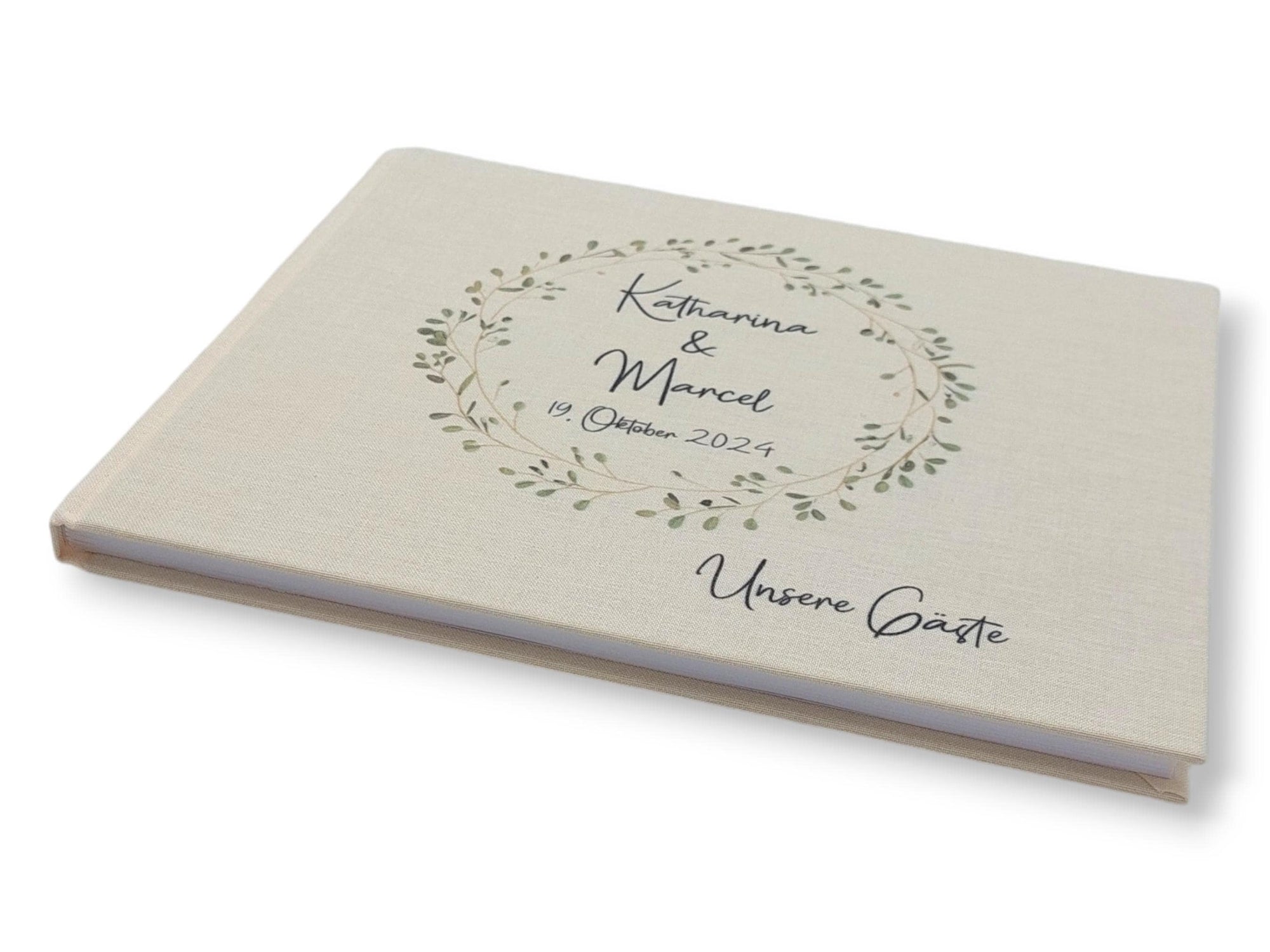 Gästebuch Hochzeit personalisiert "Blätterkranz", Hochzeitsgeschenk, Gästebuch bedruckt, Gästebuch floral, Trauzeugen