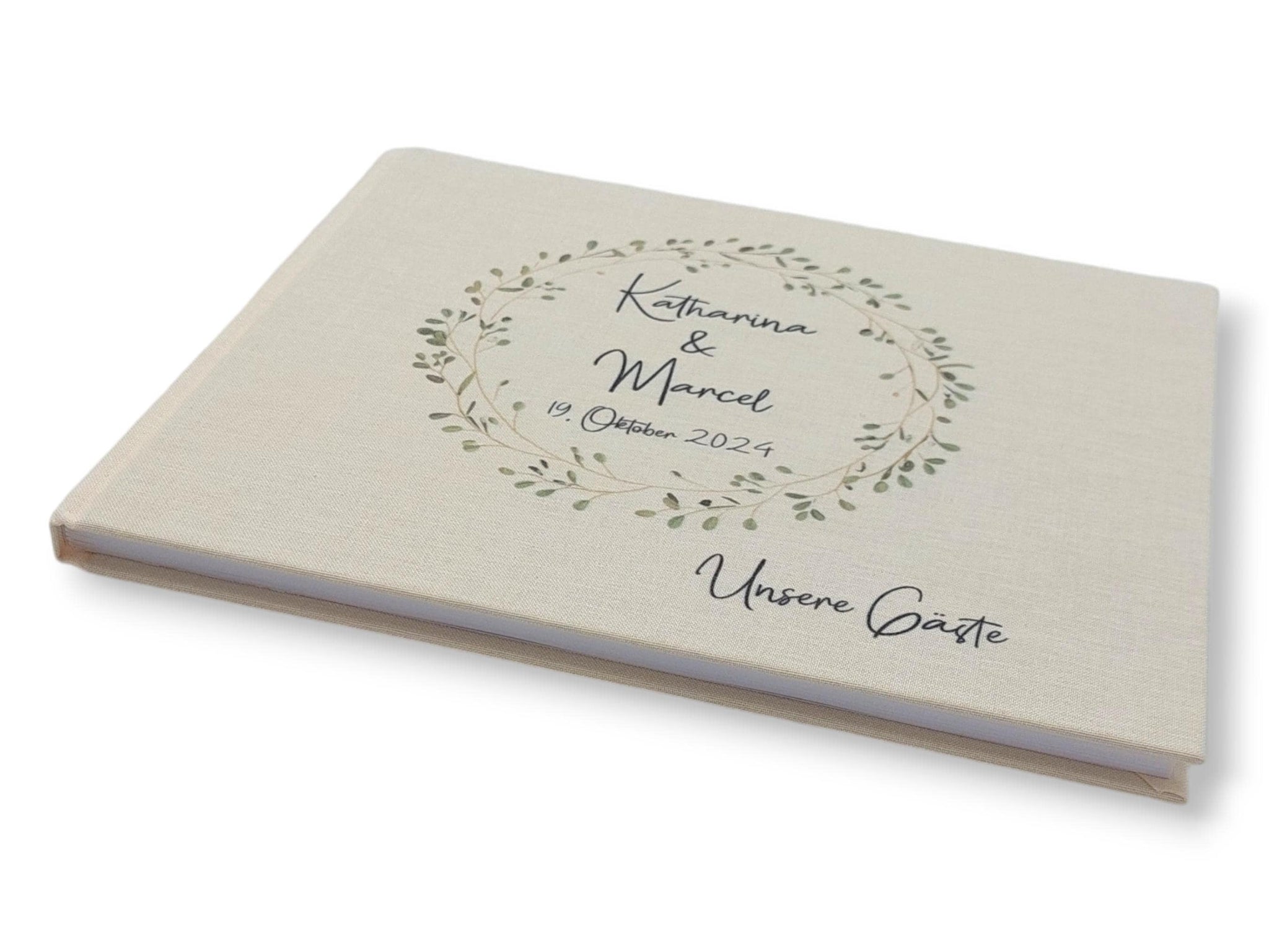 Gästebuch Hochzeit personalisiert "Blätterkranz", Hochzeitsgeschenk, Gästebuch bedruckt, Gästebuch floral, Trauzeugen