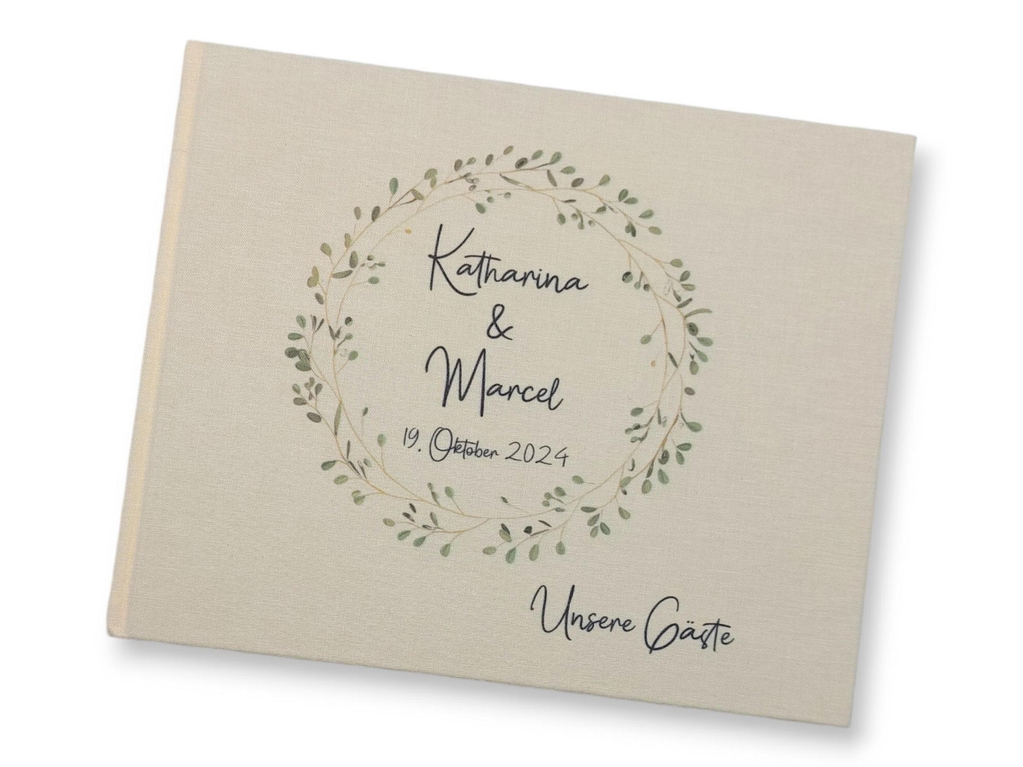 Gästebuch Hochzeit personalisiert "Blätterkranz", Hochzeitsgeschenk, Gästebuch bedruckt, Gästebuch floral, Trauzeugen