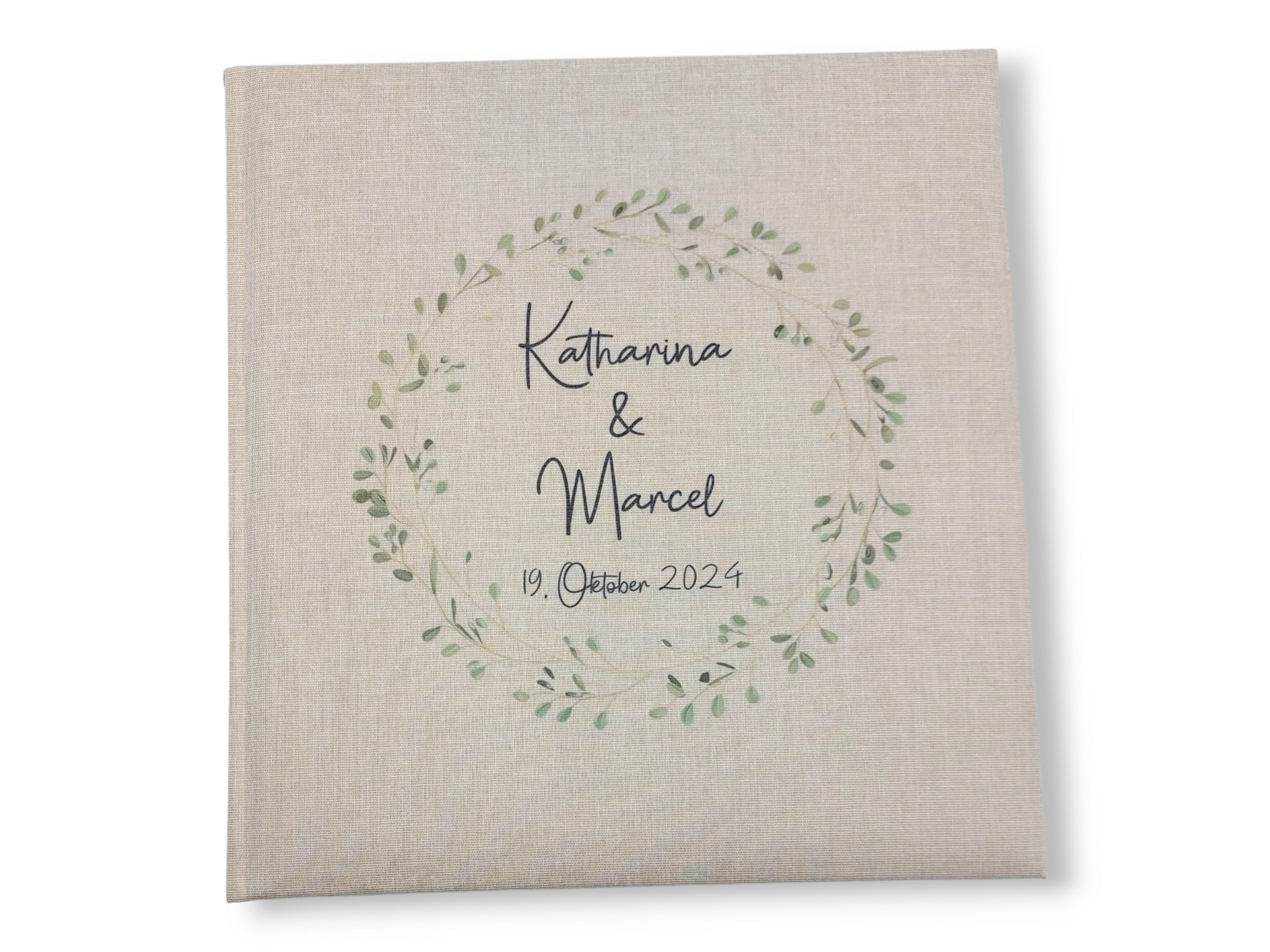 Fotoalbum personalisiert Hochzeit "Blätterkranz" Leinen, Erinnerungsalbum