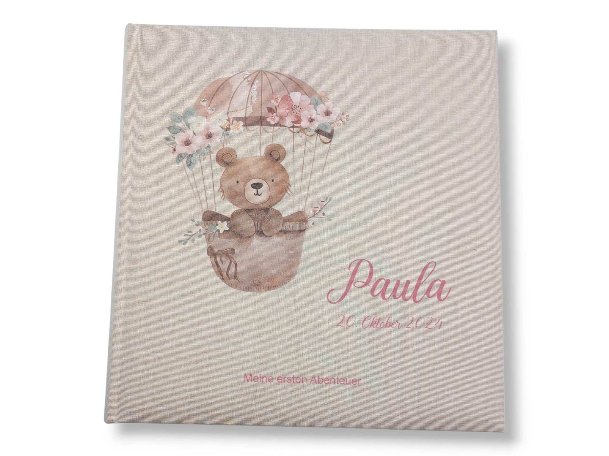 Fotoalbum personalisiert Baby, Kind "Bär Heißluftballon" Leinen, Erinnerungsalbum