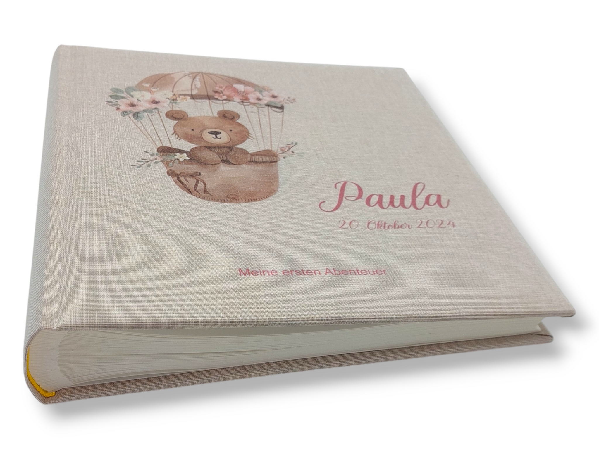 Fotoalbum personalisiert Baby, Kind "Bär Heißluftballon" Leinen, Erinnerungsalbum