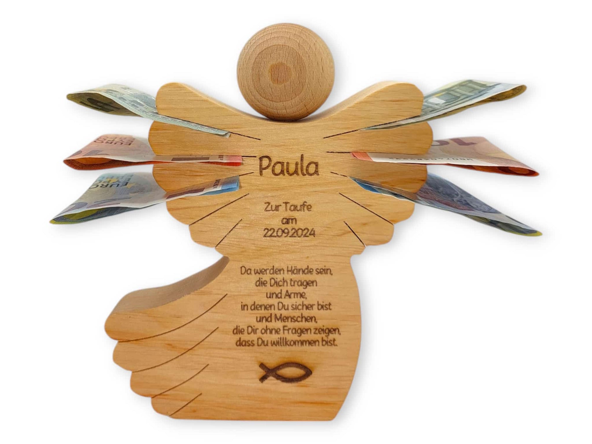 Engel aus Holz mit Gravur