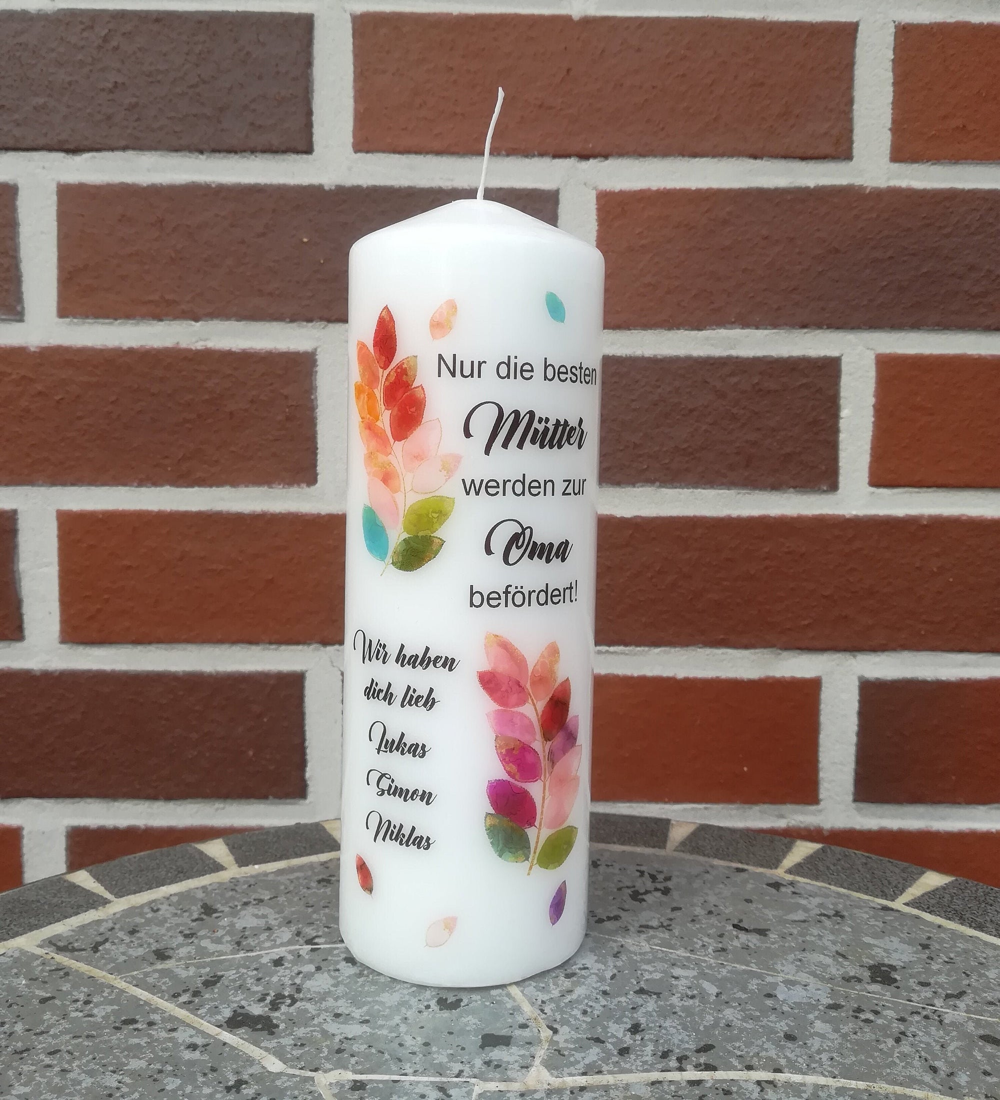 Kerze personalisiert mit Namen zum Muttertag "Blätterranke" Geschenk Mutter, Mama, Oma