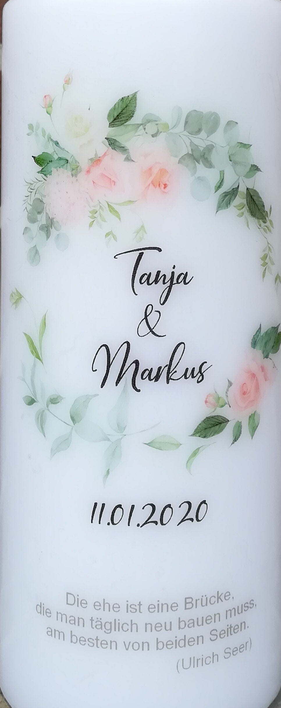 Hochzeitskerze personalisiert mit Namen und Trauspruch "Blumenkranz" / Hochzeit/ Familie/ Trauung/ Hochzeitsgeschenk