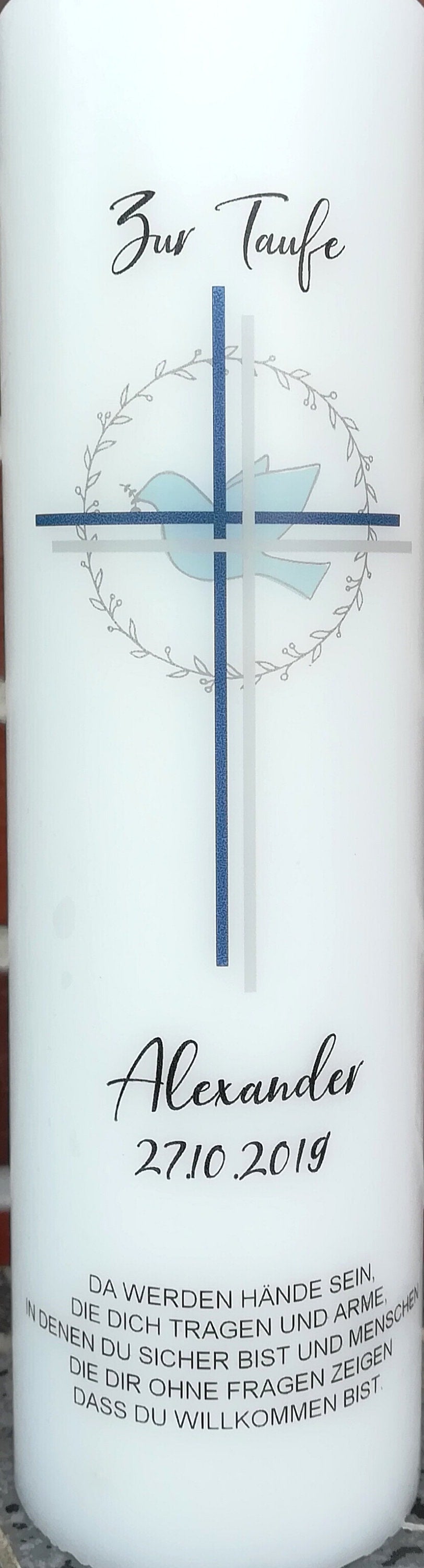 Taufkerze personalisiert mit Namen Datum und Taufspruch "Kreuz/Taube", Junge/ Mädchen