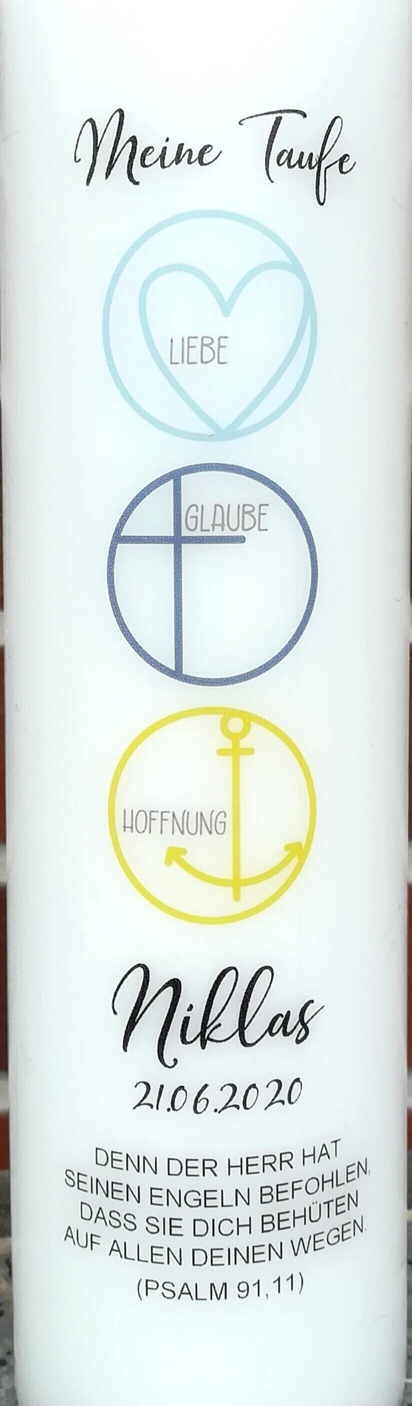 Taufkerze personalisiert mit Namen Datum und Taufspruch "Glaube/Liebe/Hoffnung blau", Junge/ Mädchen
