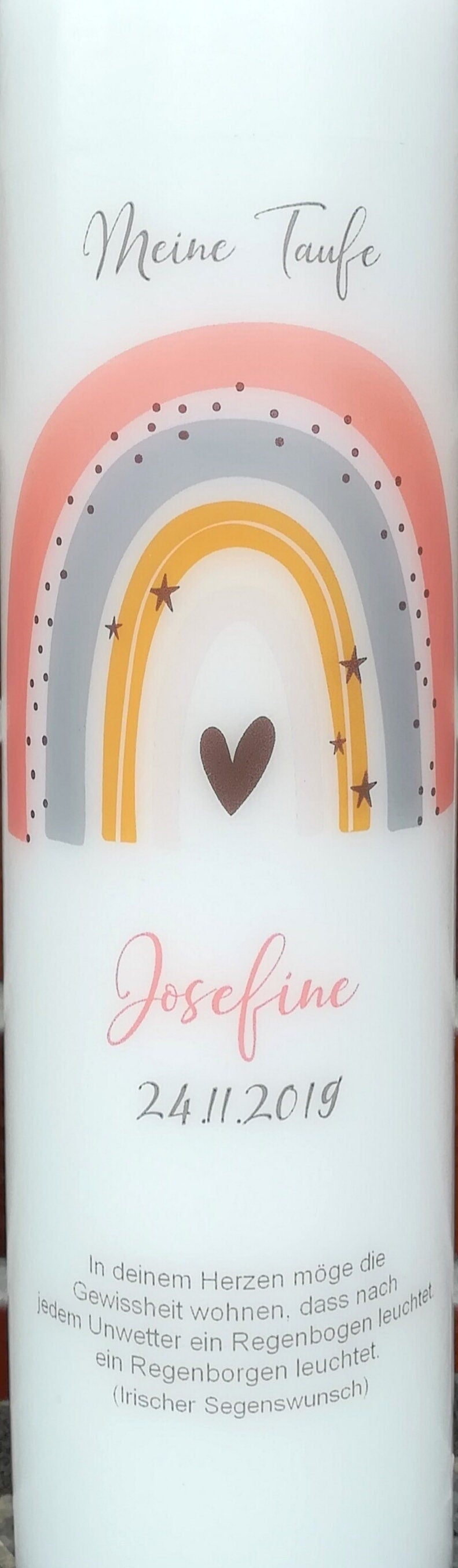 Taufkerze personalisiert mit Namen Datum und Taufspruch "Regenbogen pfirsich", Junge/ Mädchen