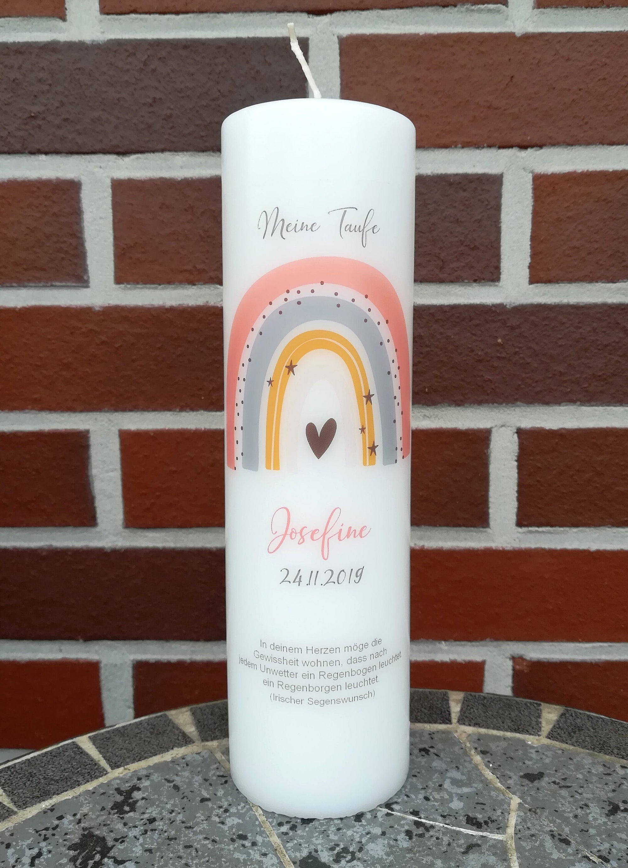 Taufkerze personalisiert mit Namen Datum und Taufspruch "Regenbogen pfirsich", Junge/ Mädchen