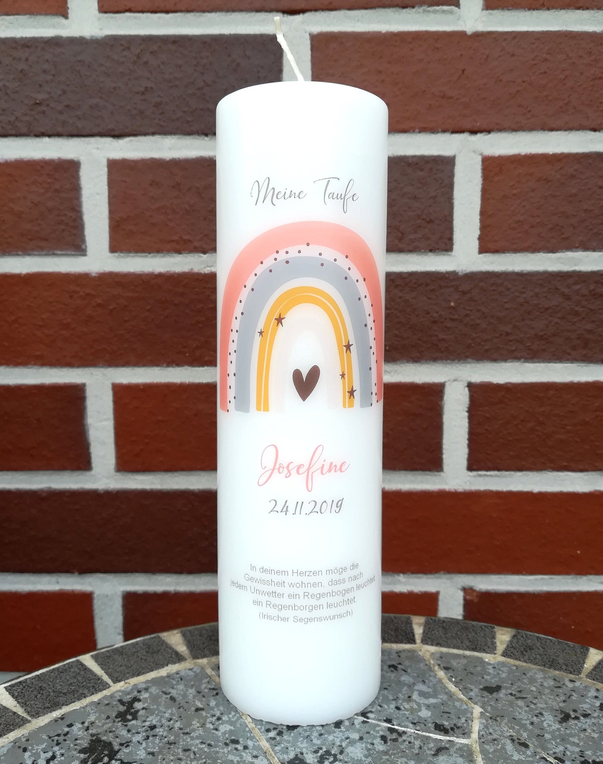Taufkerze personalisiert mit Namen Datum und Taufspruch "Regenbogen pfirsich", Junge/ Mädchen