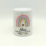 Spardose personalisiert mit Namen und Geburtsdaten "Regenbogen pfirsich" / Taufe/ Geburt