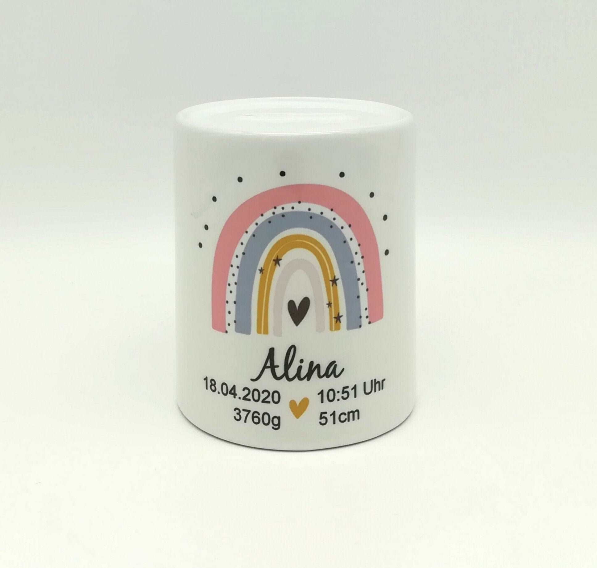 Spardose personalisiert mit Namen und Geburtsdaten "Regenbogen pfirsich" / Taufe/ Geburt