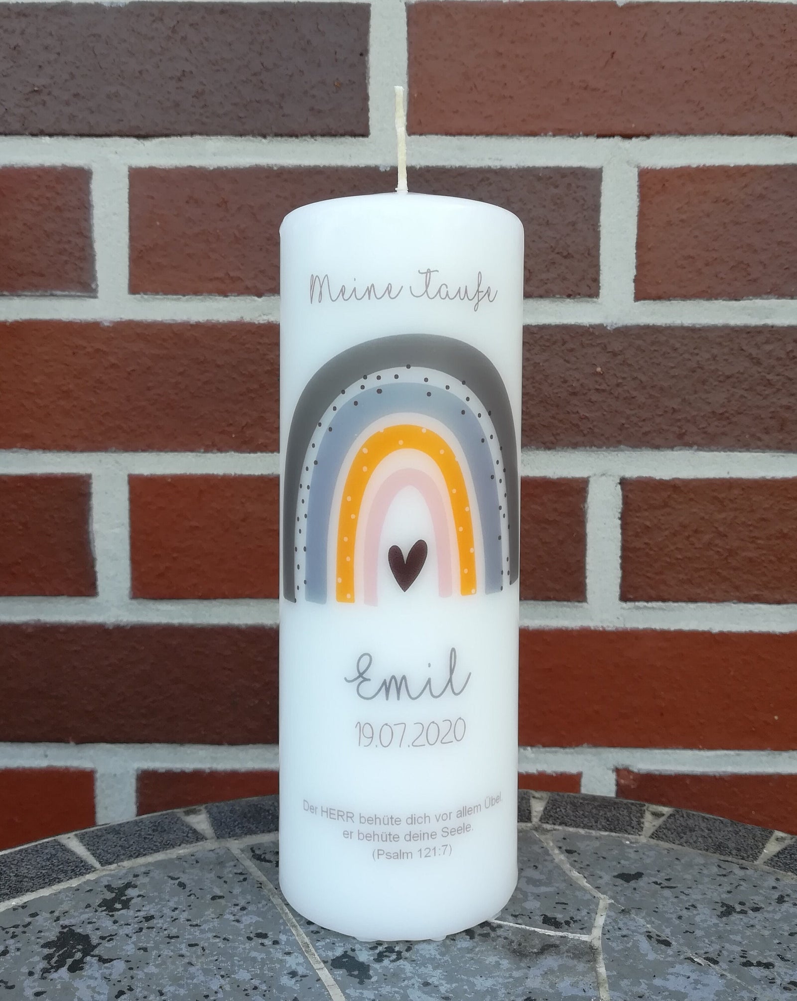 Taufkerze personalisiert mit Namen Datum und Taufspruch "Regenbogen blau/grau", Junge/ Mädchen