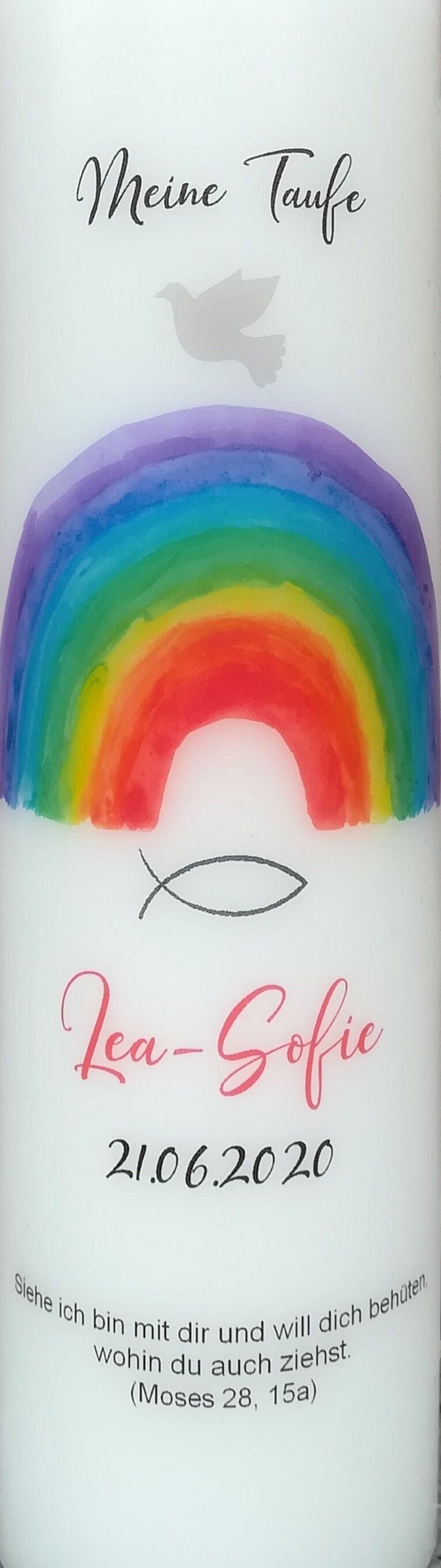 Taufkerze personalisiert mit Namen Datum und Taufspruch "Regenbogen", Junge/ Mädchen