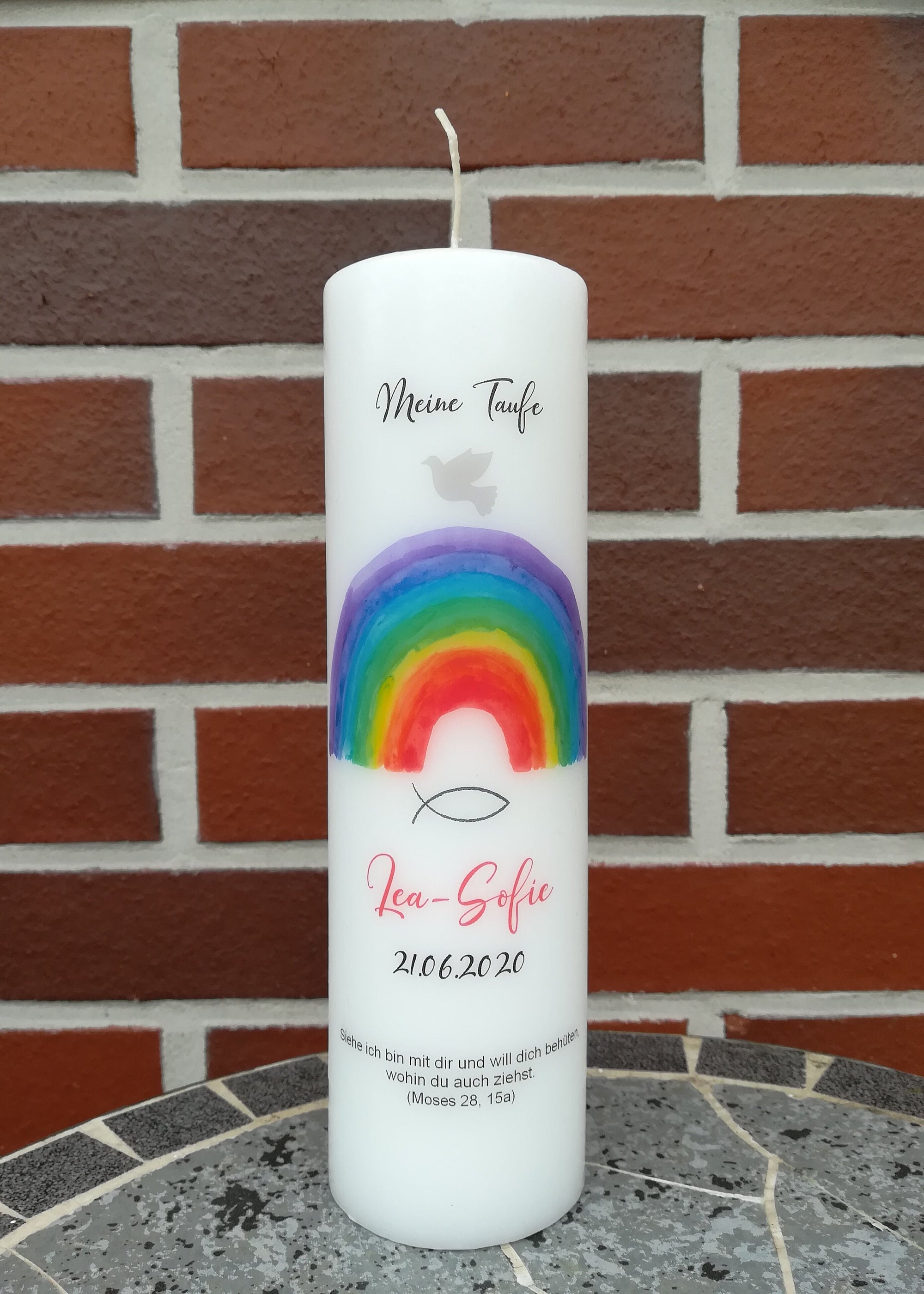 Taufkerze personalisiert mit Namen Datum und Taufspruch "Regenbogen", Junge/ Mädchen