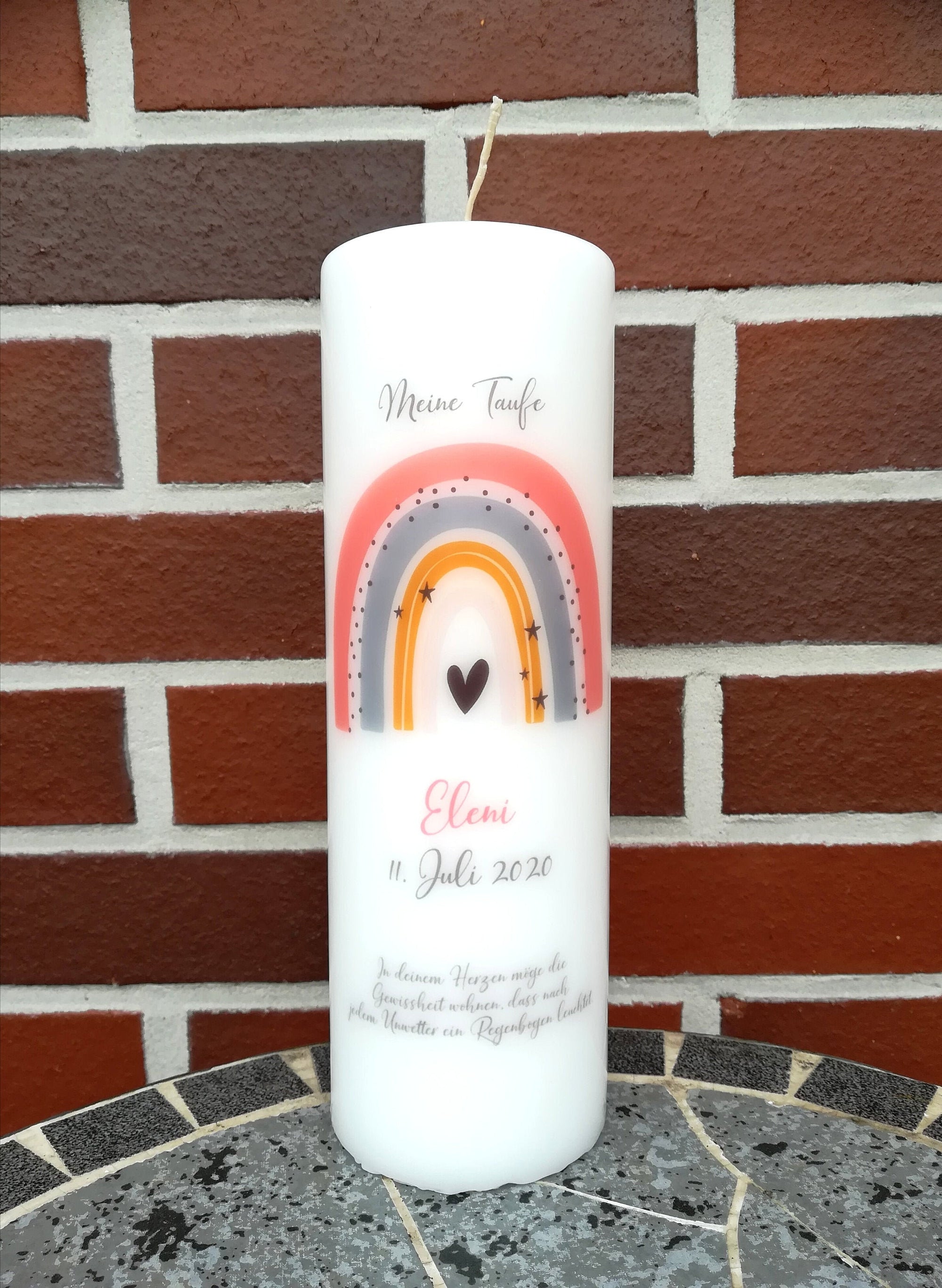 Taufkerze personalisiert mit Namen Datum und Taufspruch "Regenbogen pfirsich2", Junge/ Mädchen