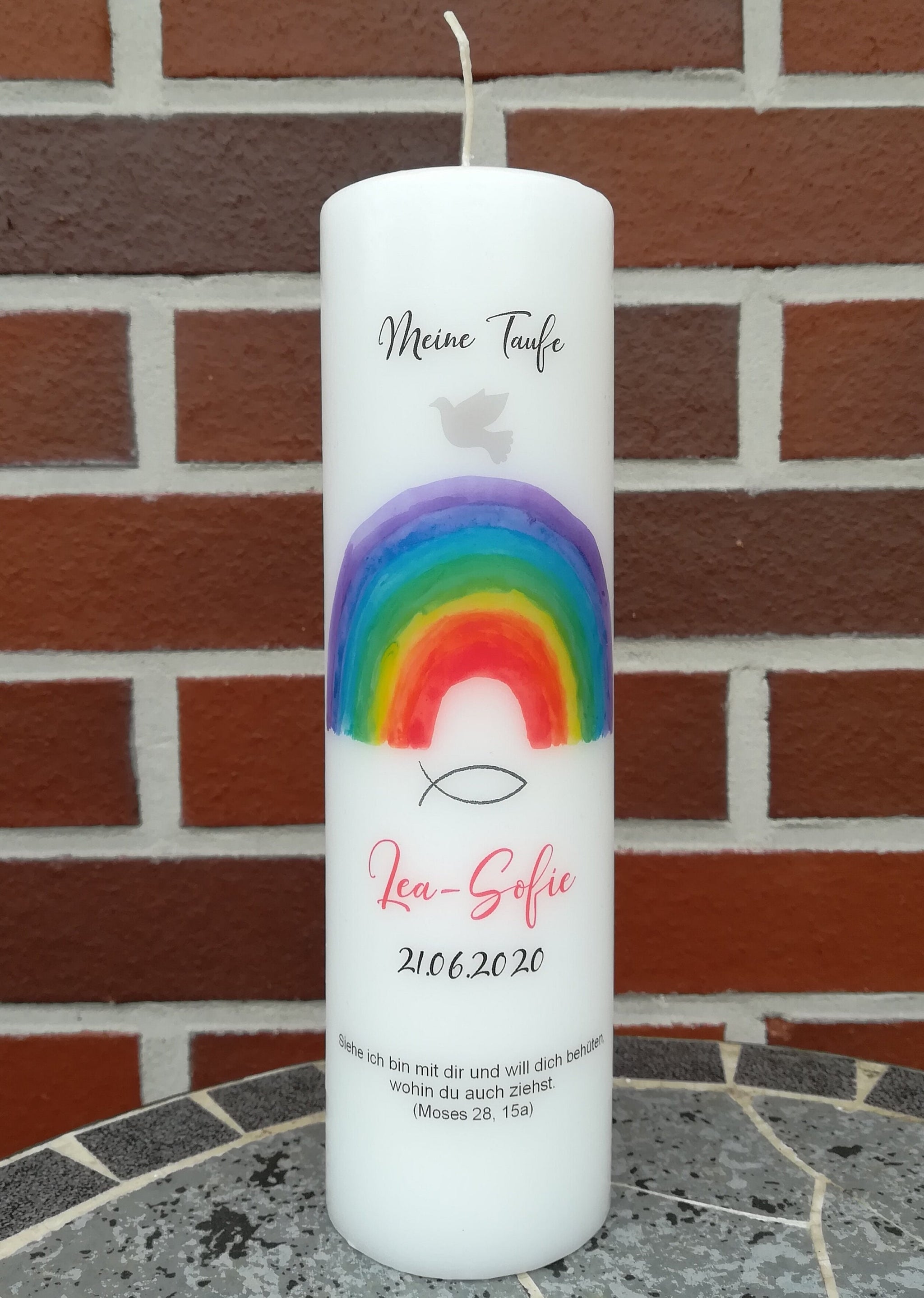 Taufkerze personalisiert mit Namen Datum und Taufspruch "Regenbogen", Junge/ Mädchen