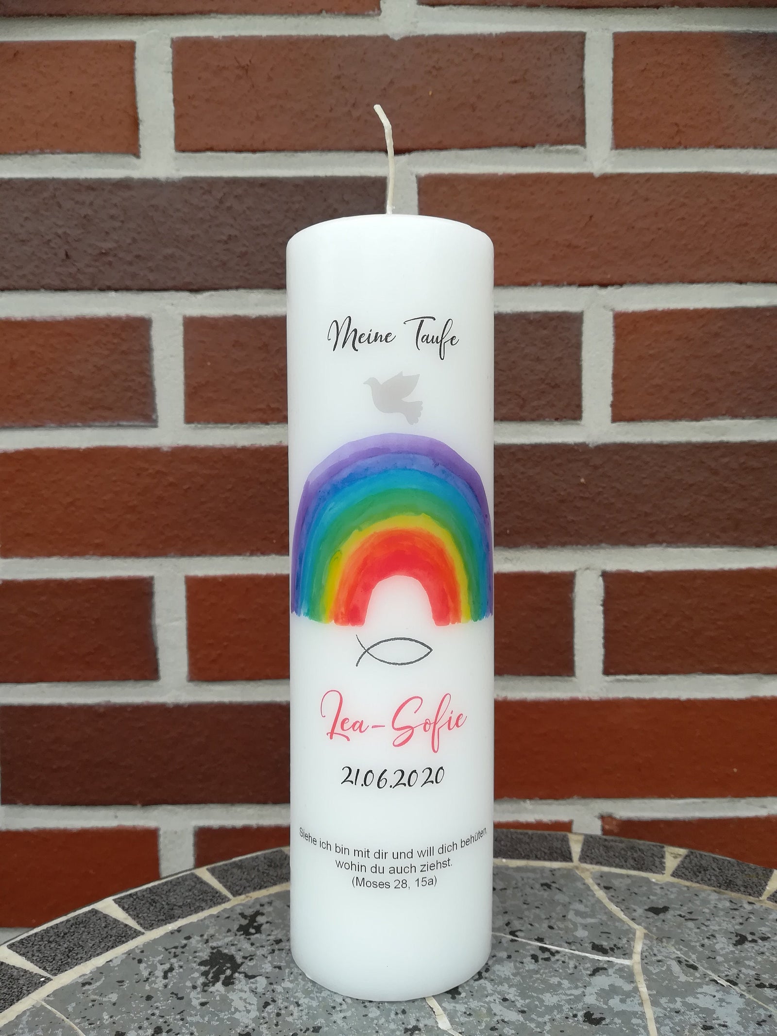 Taufkerze personalisiert mit Namen Datum und Taufspruch "Regenbogen", Junge/ Mädchen