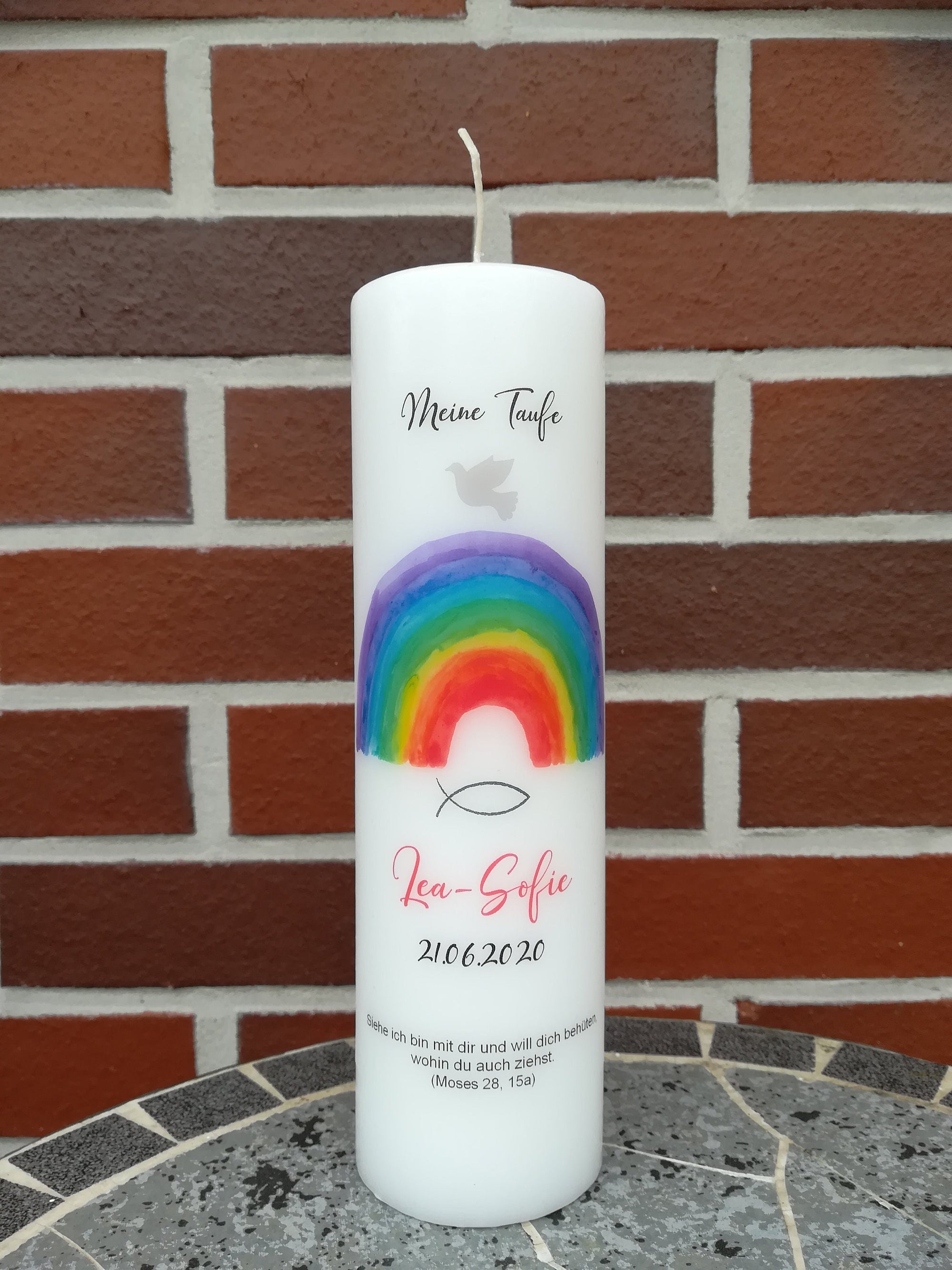 Taufkerze personalisiert mit Namen Datum und Taufspruch "Regenbogen", Junge/ Mädchen
